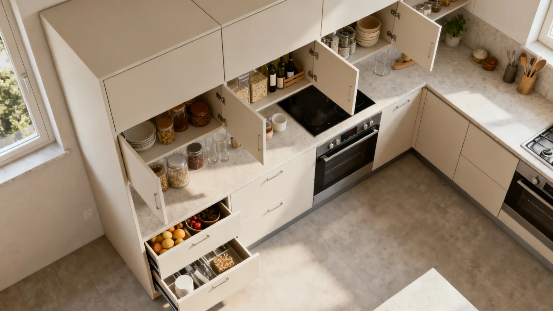 Top-down view showing ceiling-height cabinets and extended toe-kick drawers in a small kitchen.