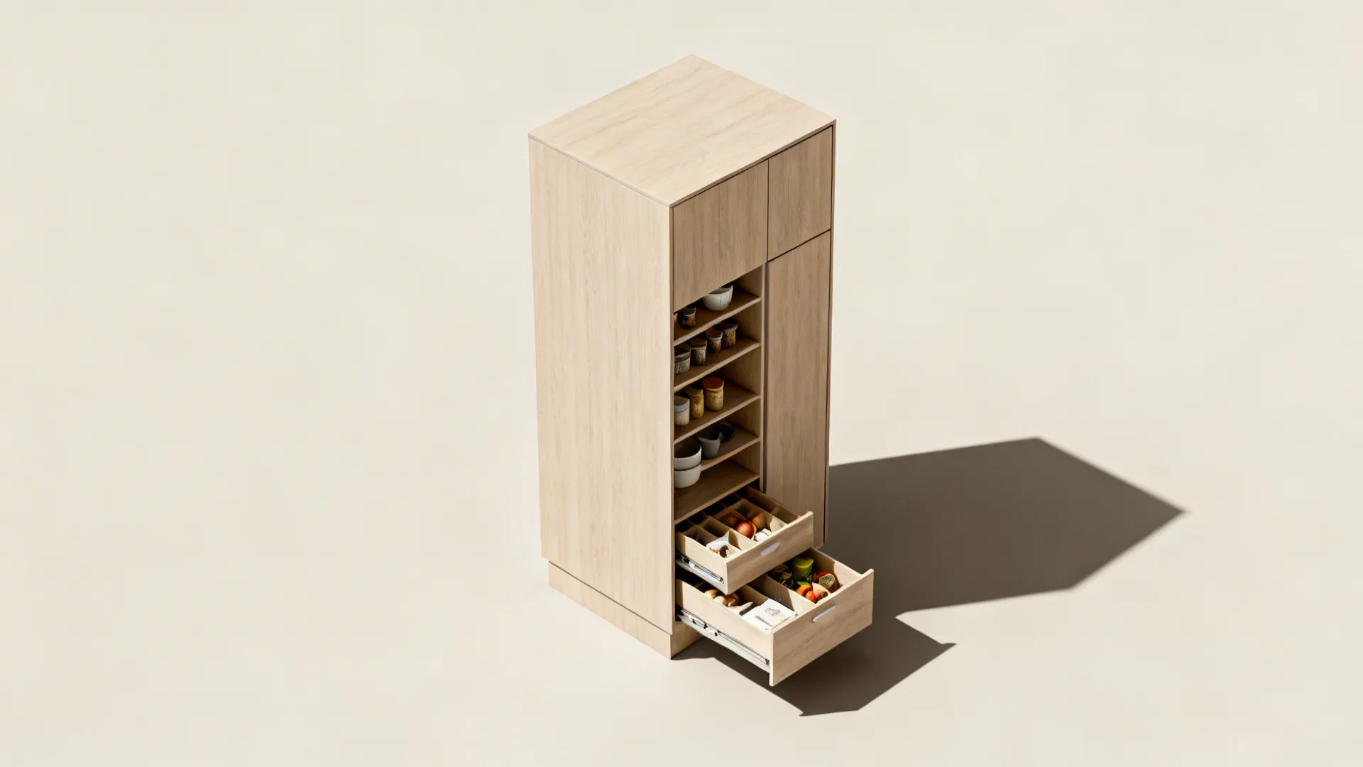 Top-down layout highlighting tall pantry, ceiling-height uppers, and organized drawers.