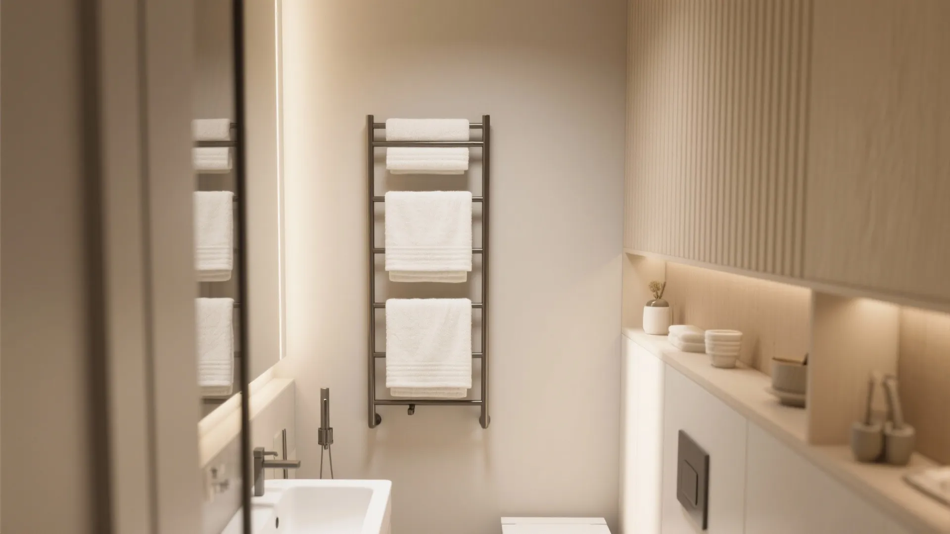 Cream colored bathroom featuring a wall mounted ladder style towel rack with folded white towels