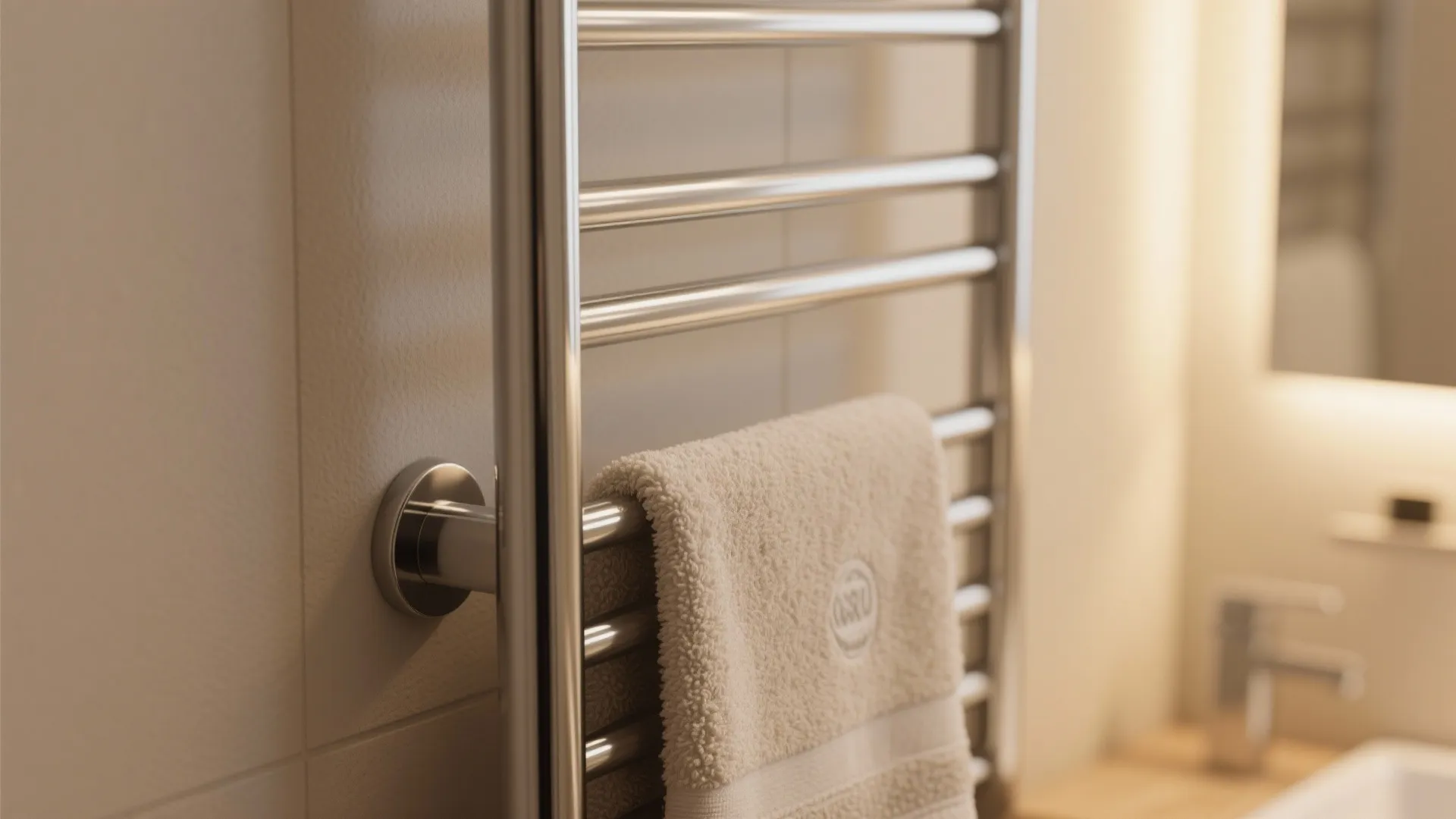 Metal wall mounted towel rack in a bathroom with a soft white towel hanging on