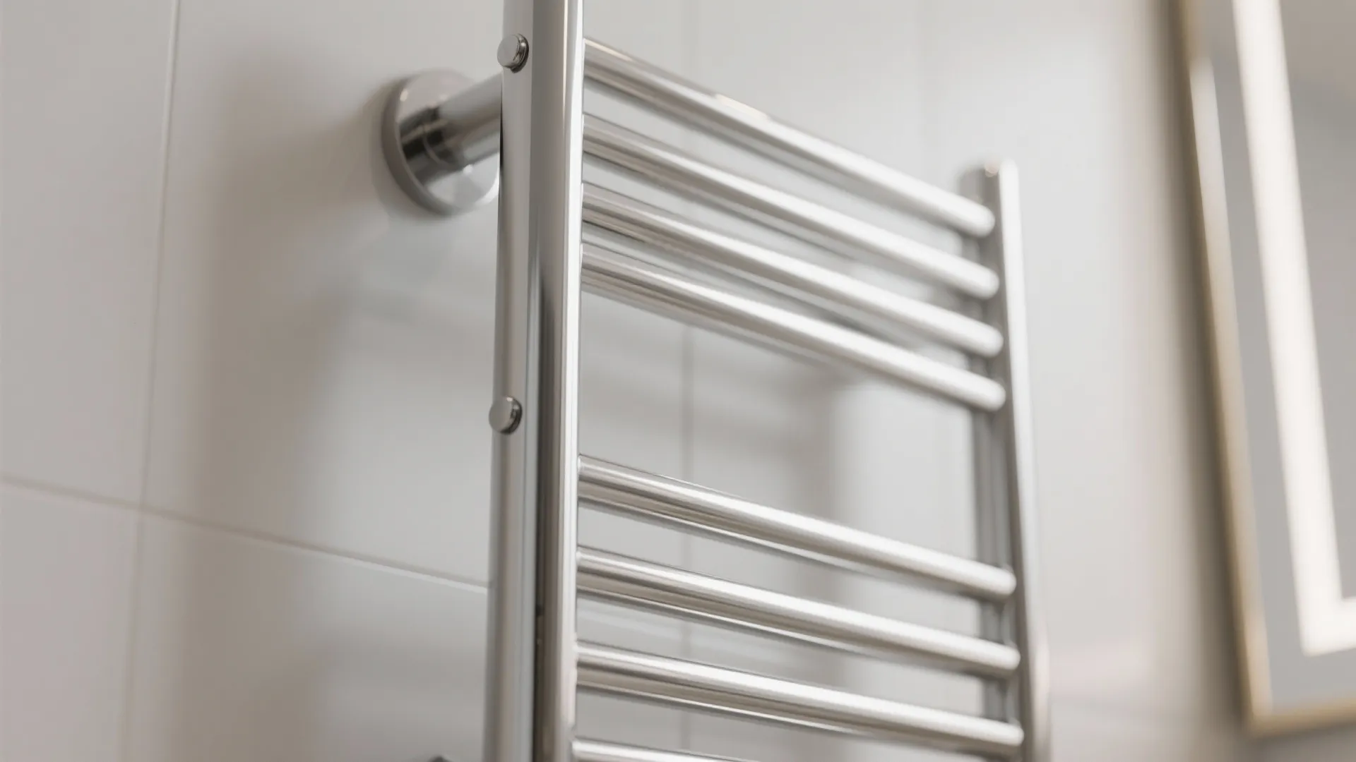 Close-up of vertical heated towel rail next to mirror