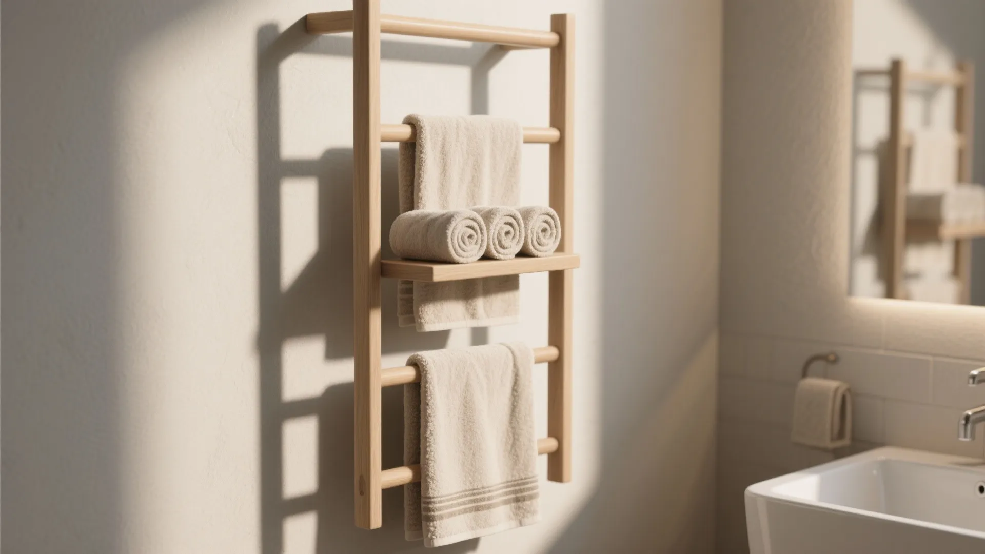 Wooden wall towel rack holding several folded and rolled beige towels in a bright bathroom