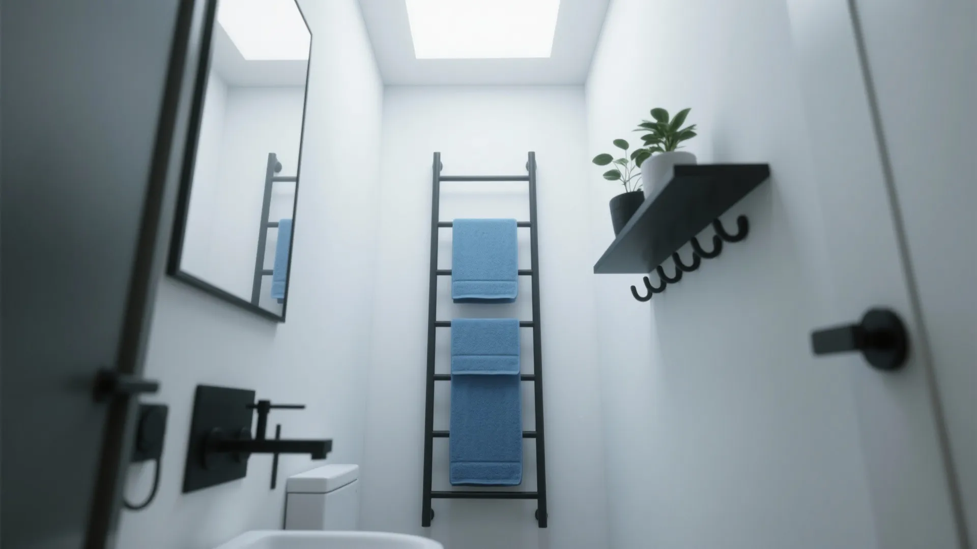 Minimalist white bathroom with blue towels on black metal ladder and small plants on shelf
