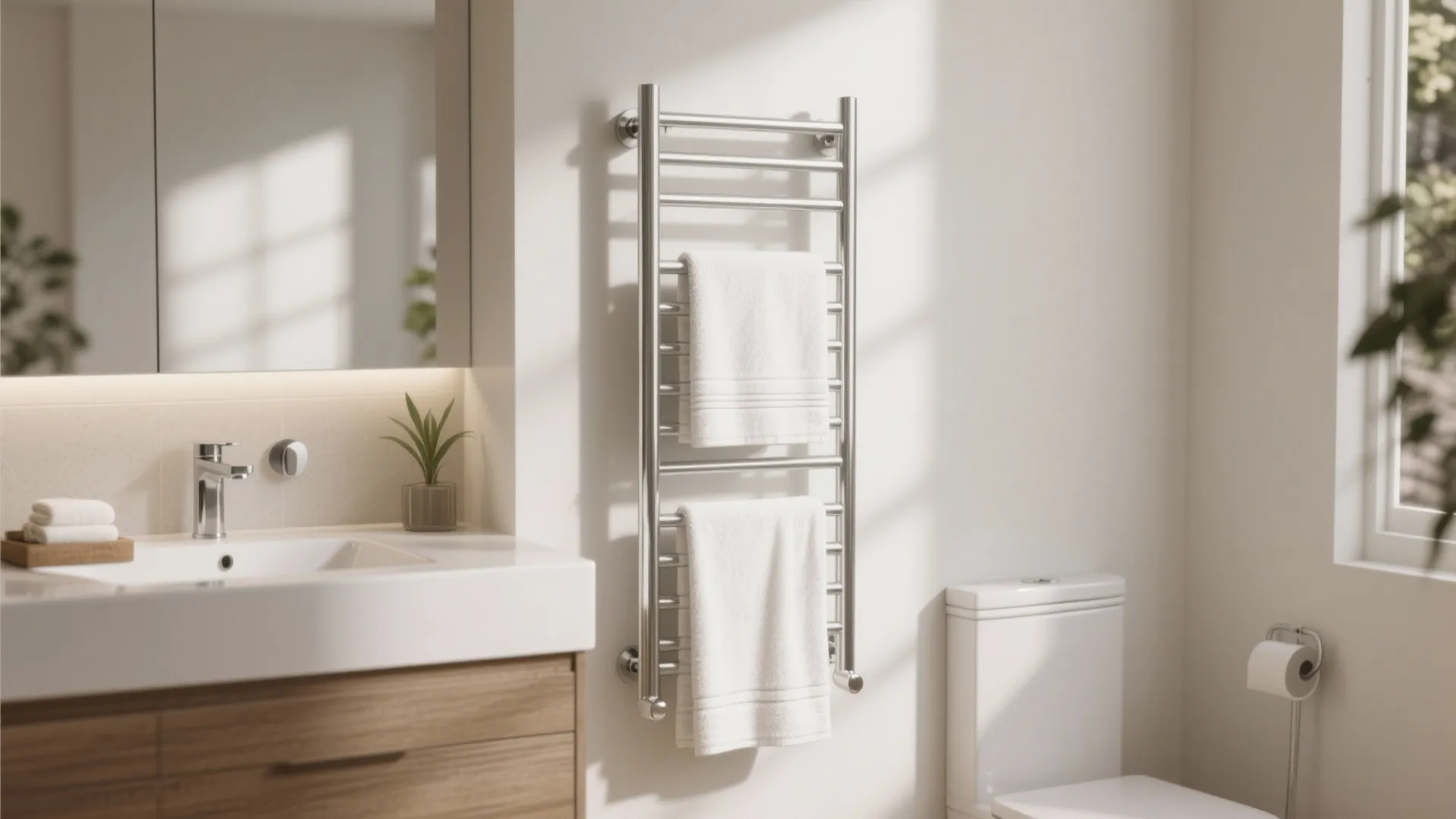 Silver metal towel warmer with white towels hanging in a bright bathroom next to vanity.