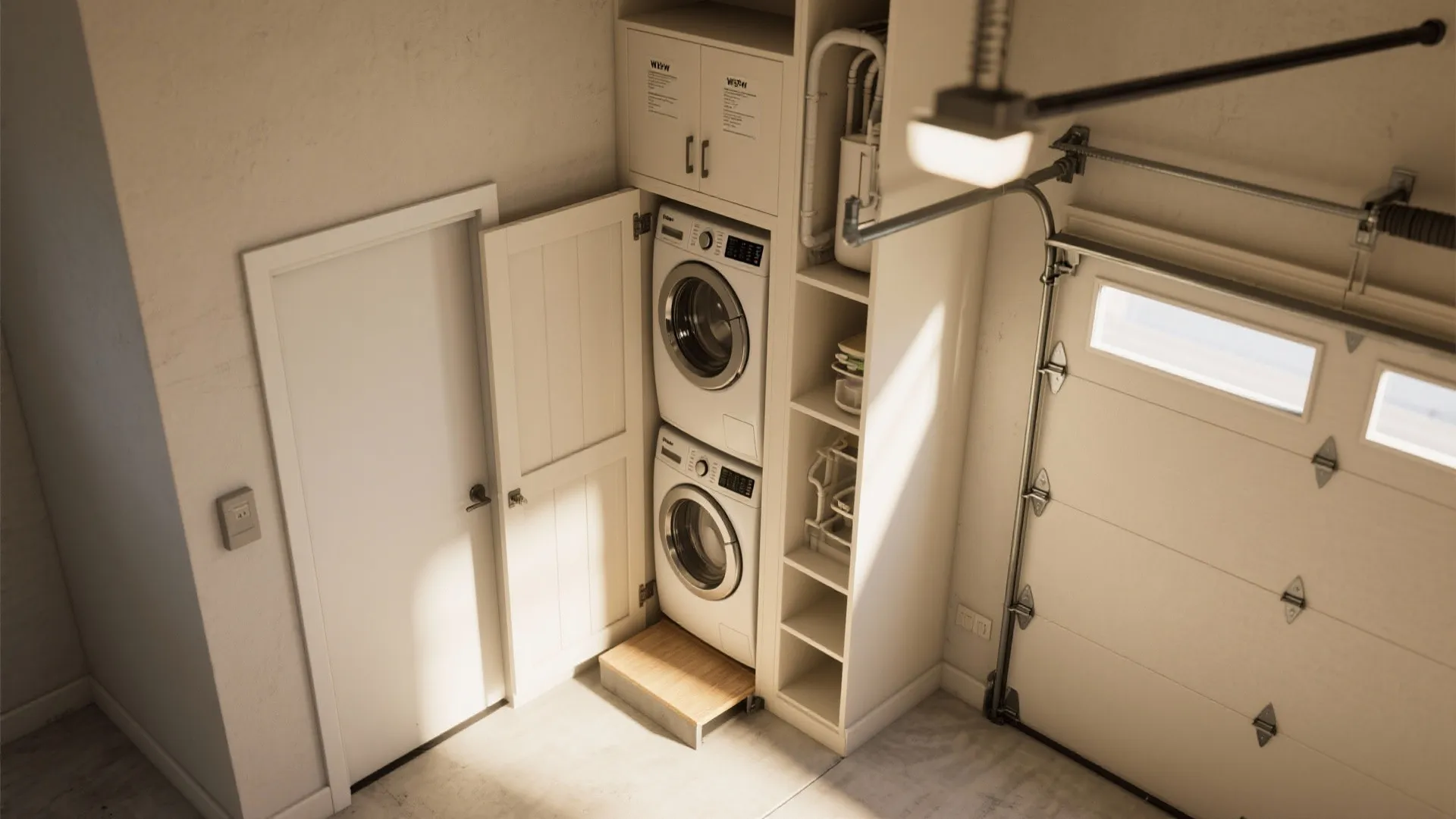 White laundry room layout with stacked washing machines inside a cabinet next to garage door