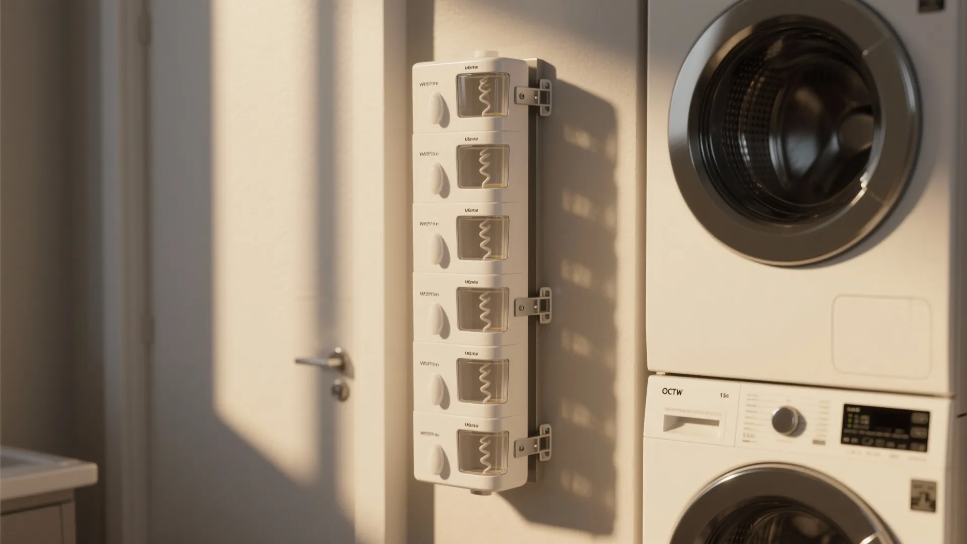 Vertical white laundry organizer mounted on wall beside stacked washing machine and dryer in bathroom