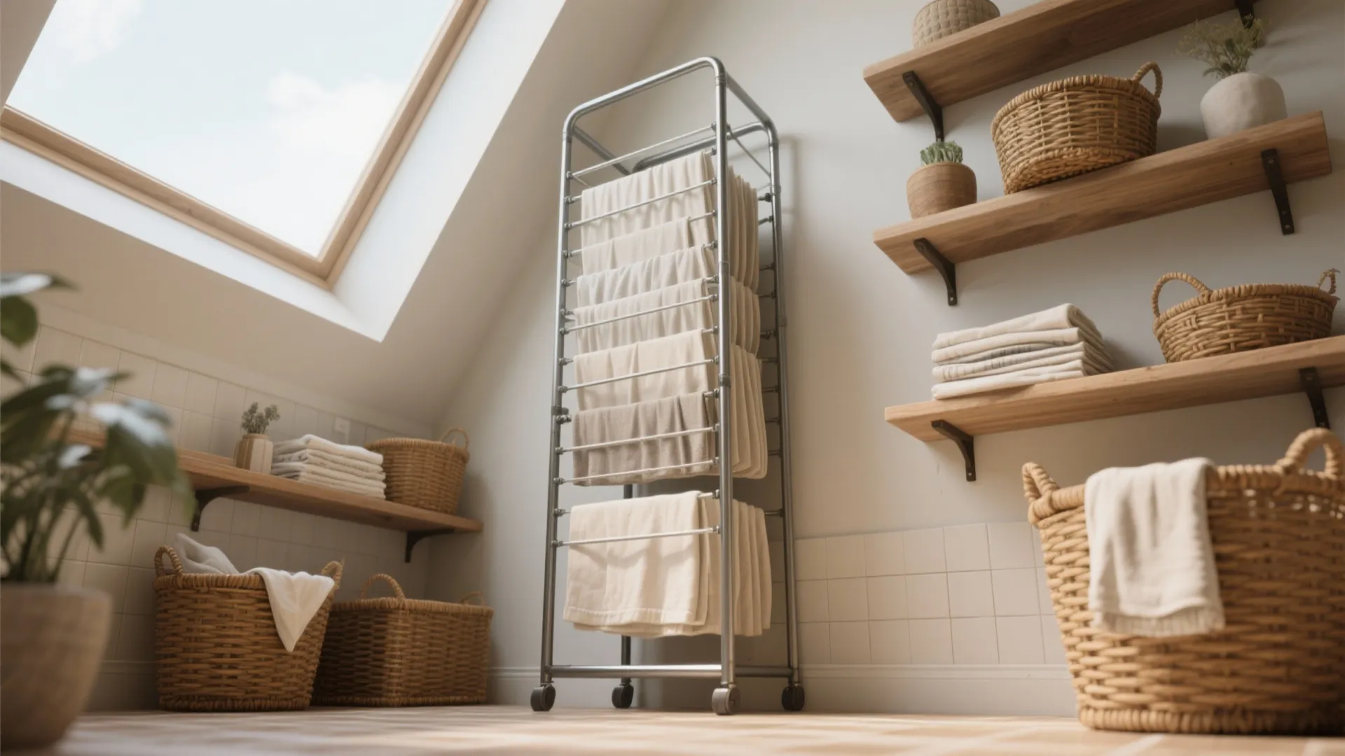 Vertical tower or accordion dryer in a tall-ceiling corner styled with baskets and shelves.