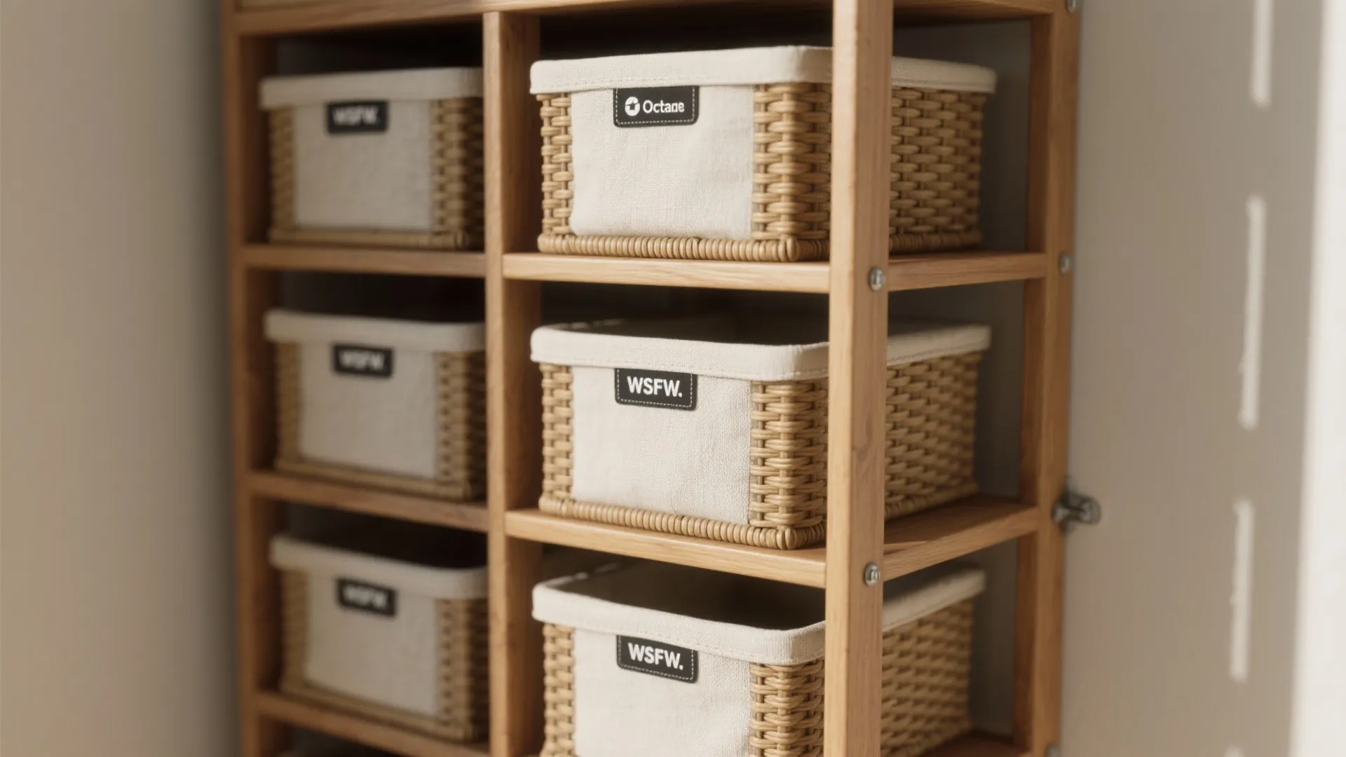 Wooden shelving unit holding organized woven storage baskets with white fabric liners and black labels