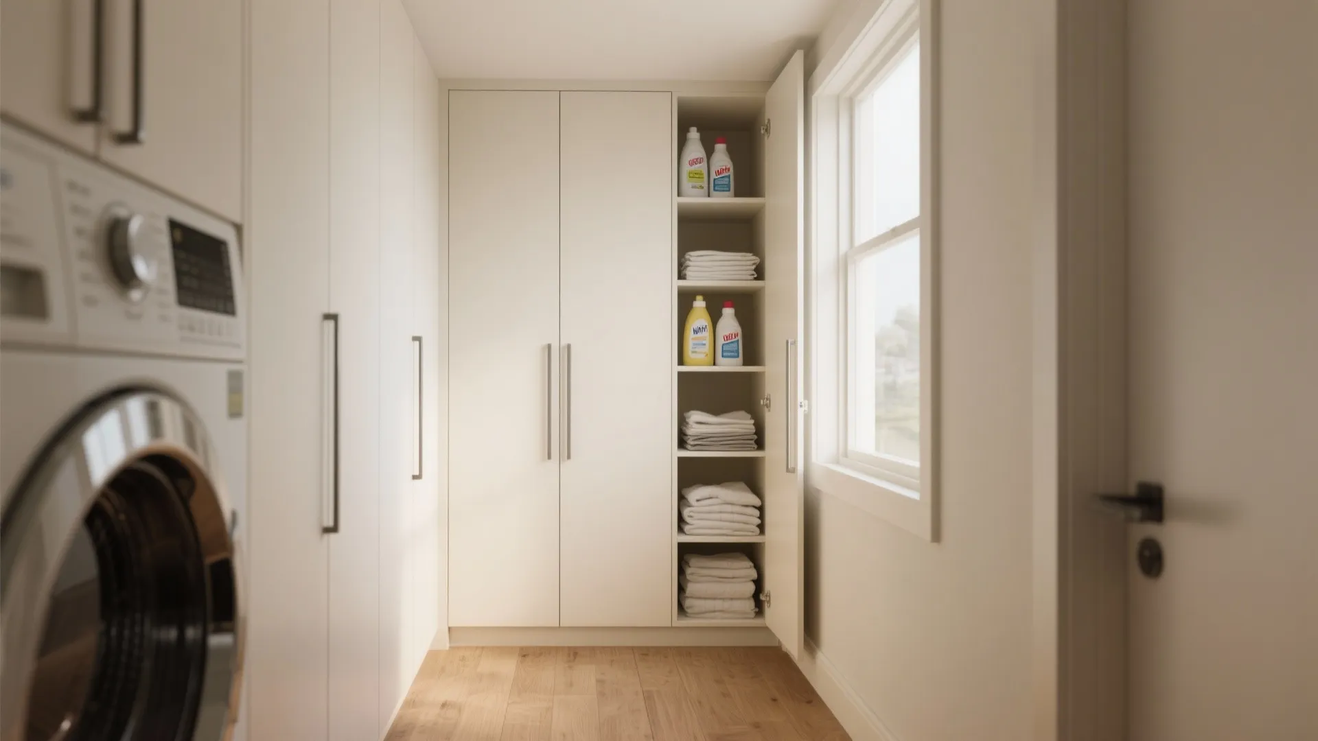 Modern laundry room with tall white cabinet storage for towels and cleaning supplies near washing machine
