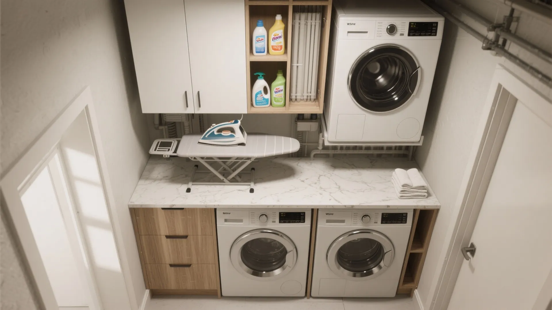 White laundry room with wood shelves iron on board and three front load washing machines inside