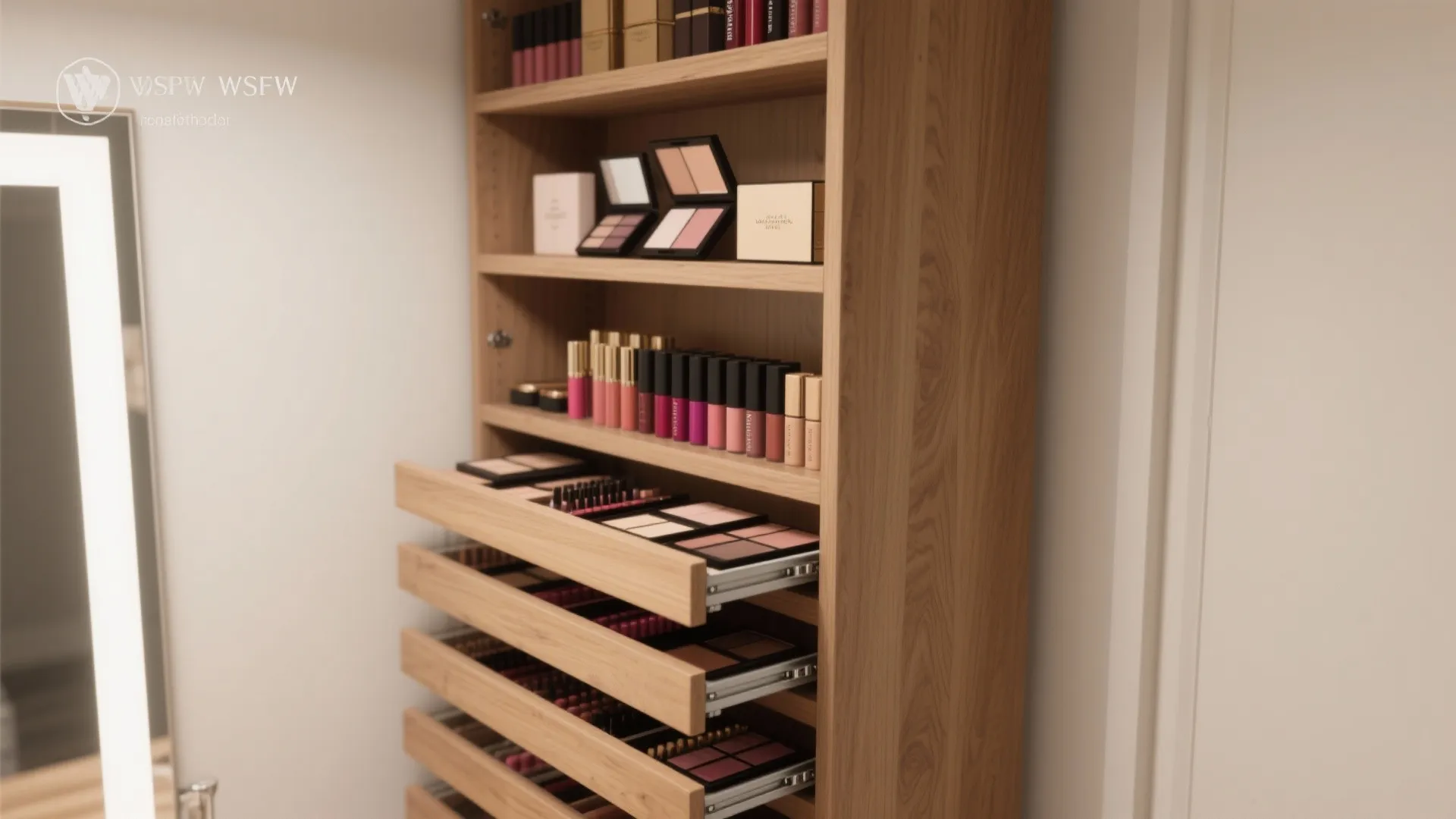 Narrow pull out wooden cabinet storage tower filled with lipstick and makeup in a bright room