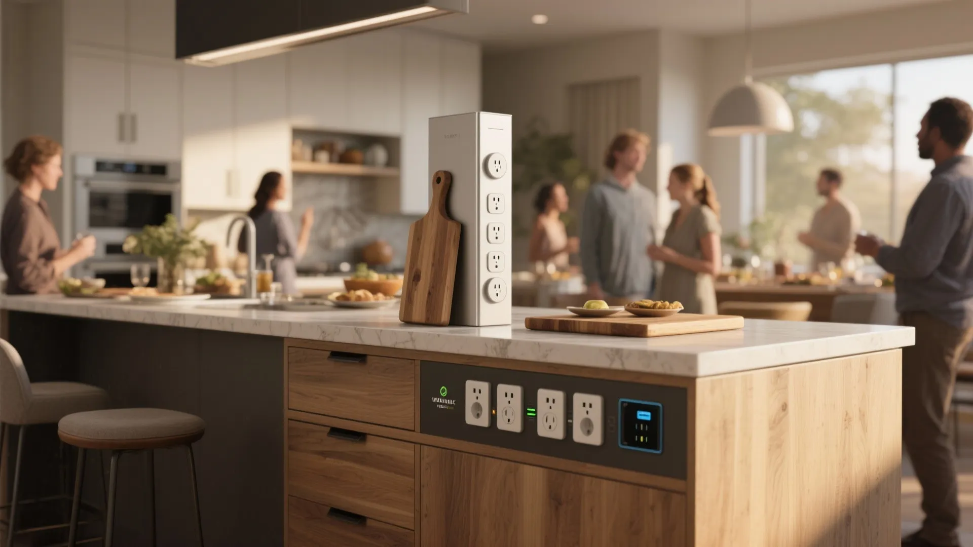 Kitchen island with a slim vertical outlet tower extended, showing multiple sockets and a hidden base.