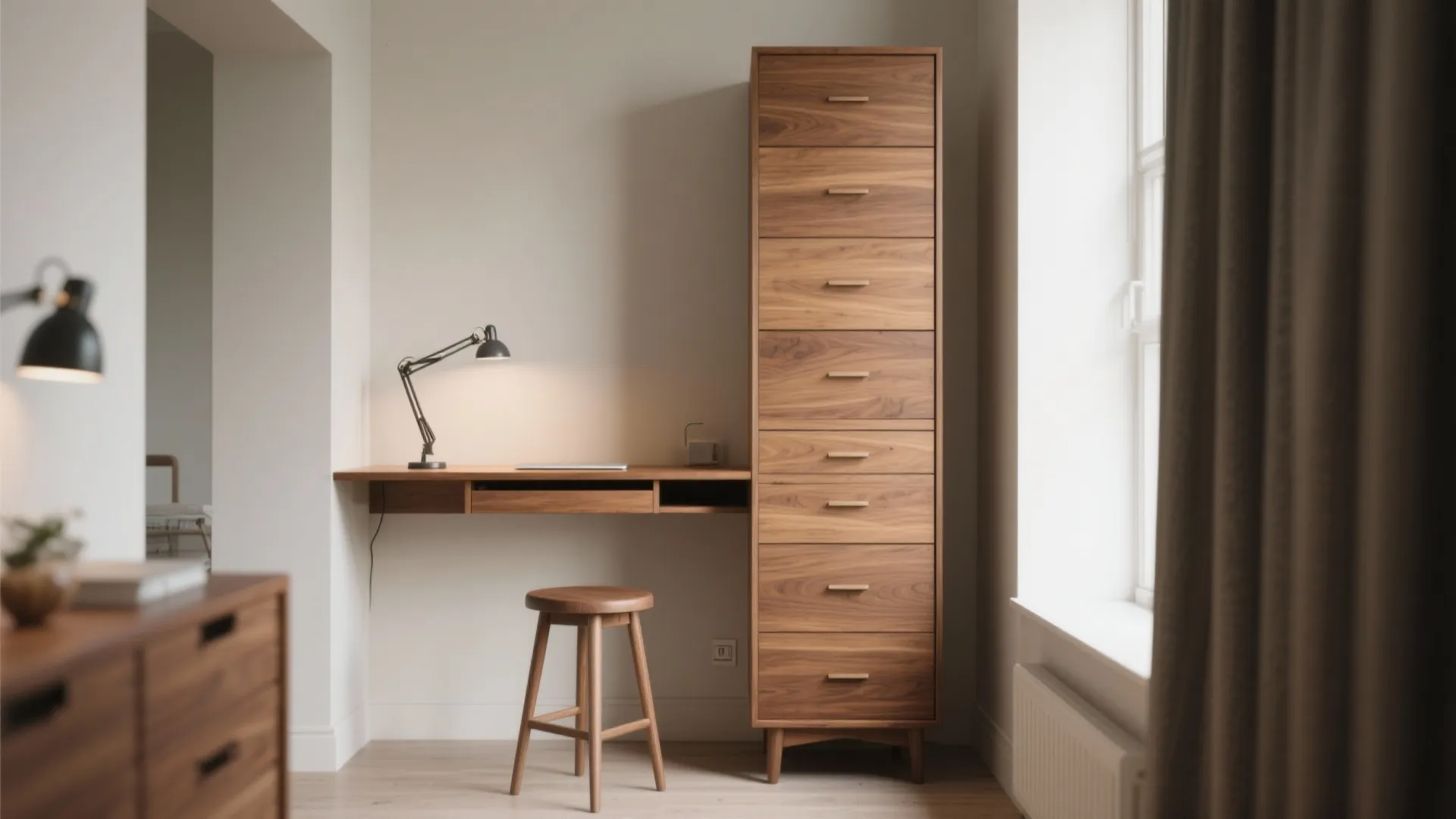 Tall vertical dresser tower with a mid-height open shelf used as a standing workstation, with stool and task light.