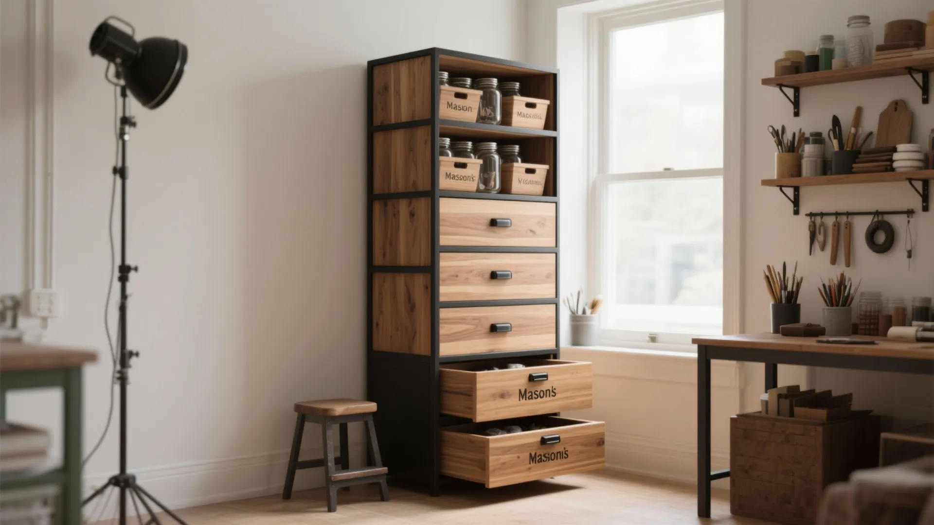 Tall narrow modular tower cabinet with stacked drawers and cubbies in a small craft studio.