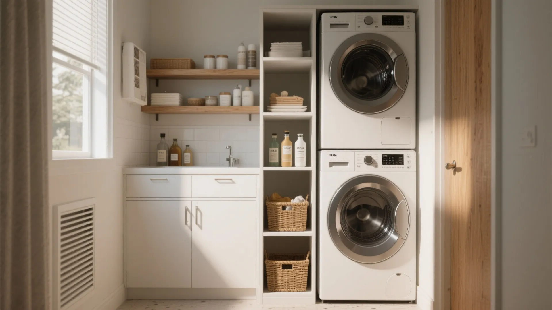 1. Frame the stack with a slim vertical storage tower