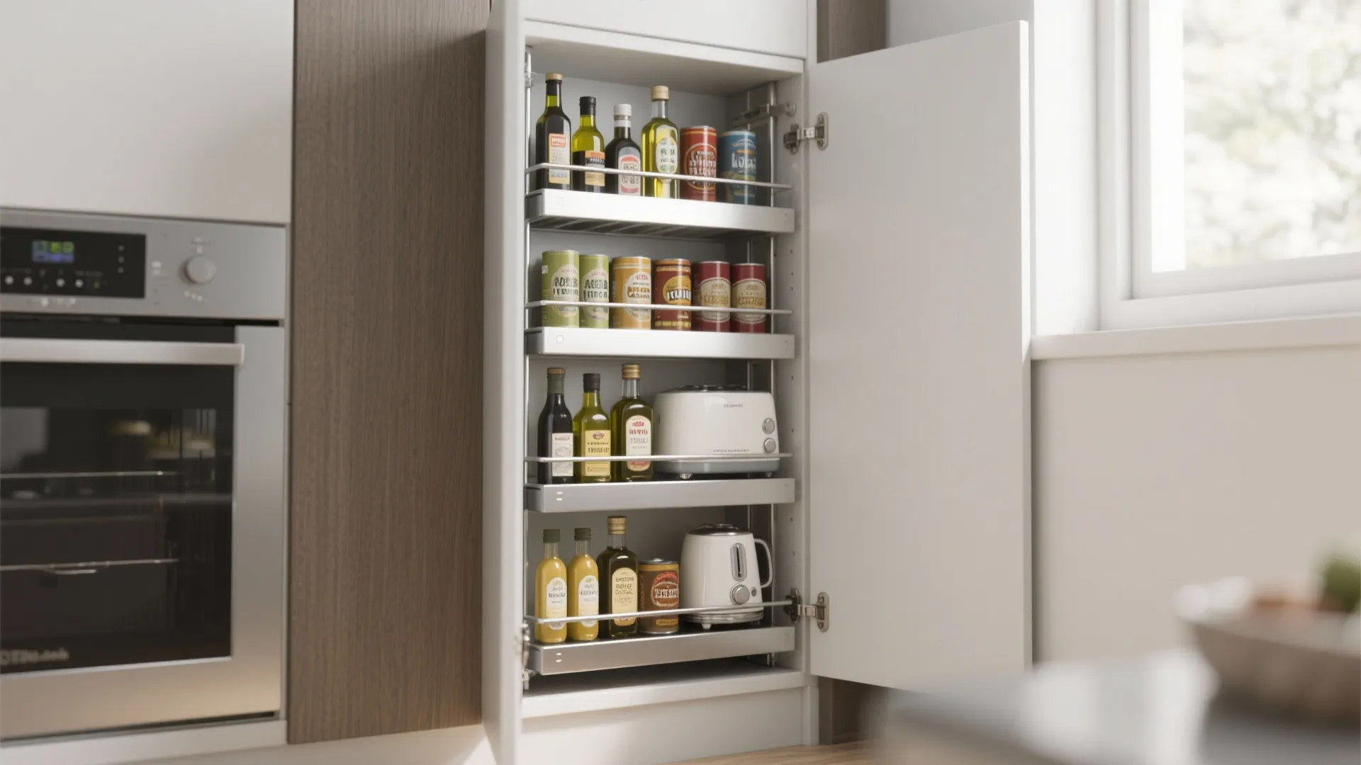 Slim pull out kitchen pantry cabinet storing various glass bottles cans and small white appliances