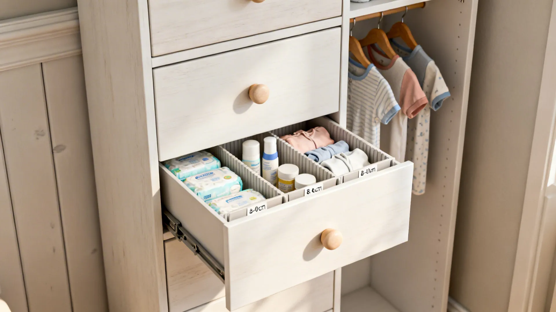 Slim anchored storage tower with soft-close drawers and dividers organizing baby essentials.