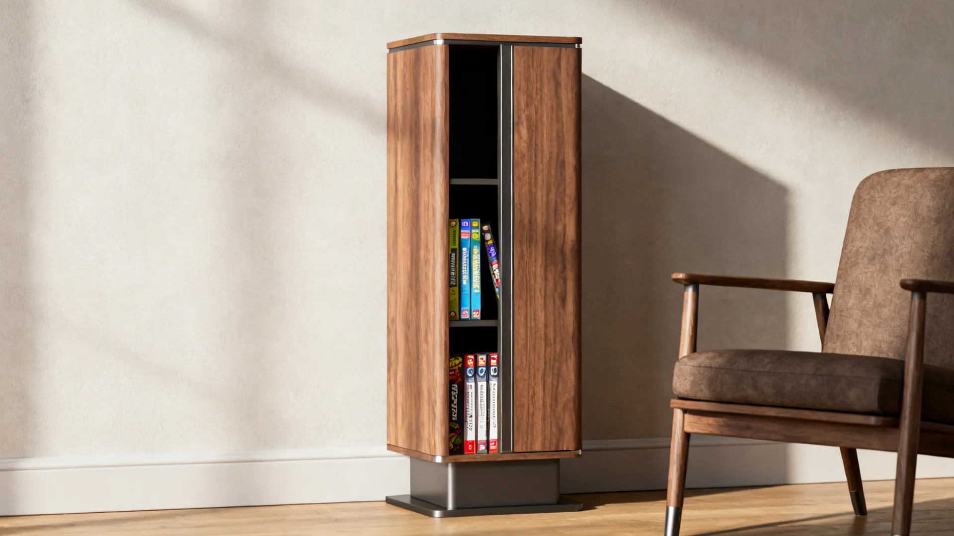 Tall wooden storage cabinet with books standing next to a brown armchair in sunlit room