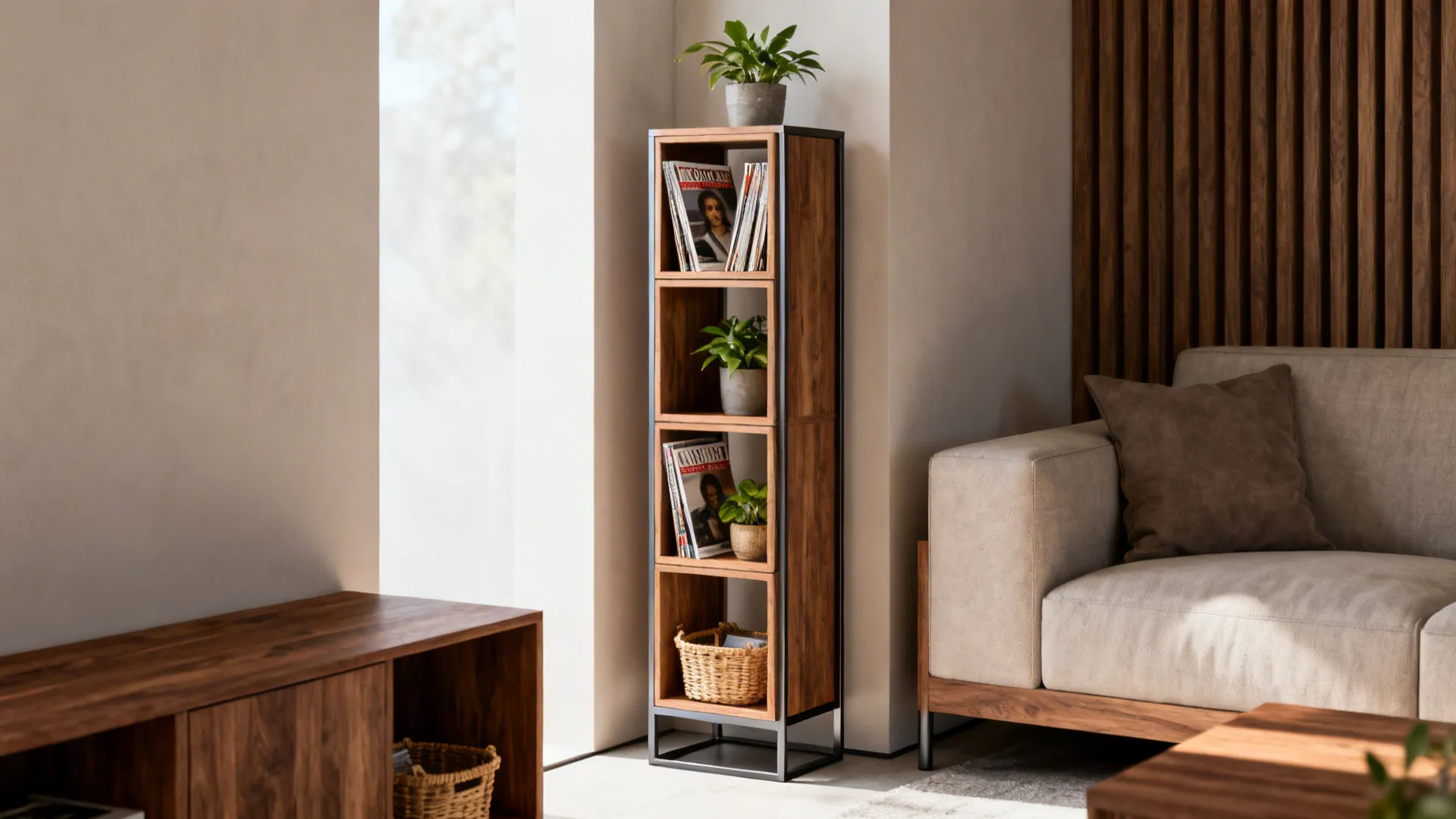 Tall slim vertical tower end table in a narrow gap with cubbies holding magazines and plants.
