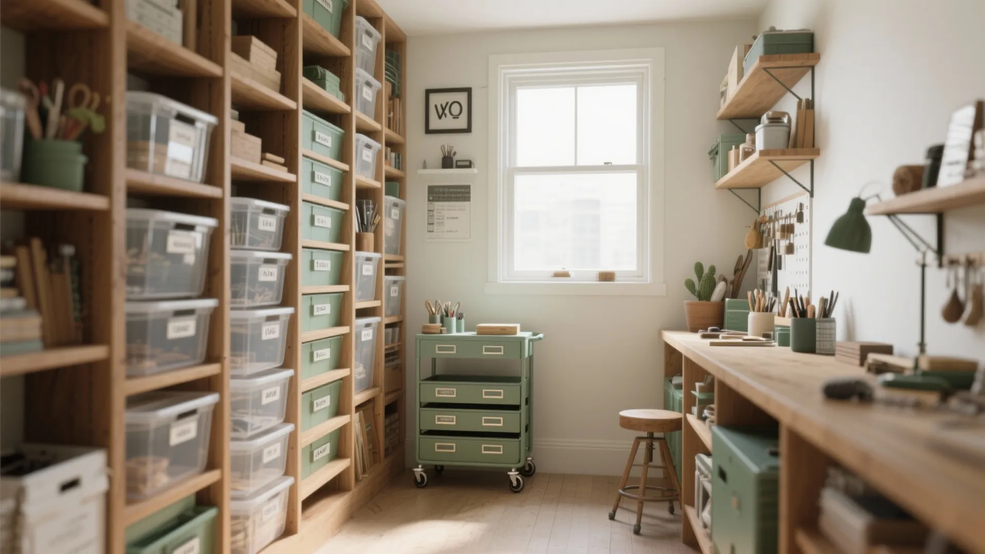 Storage room with wooden shelves holding green boxes and clear plastic bins near a window