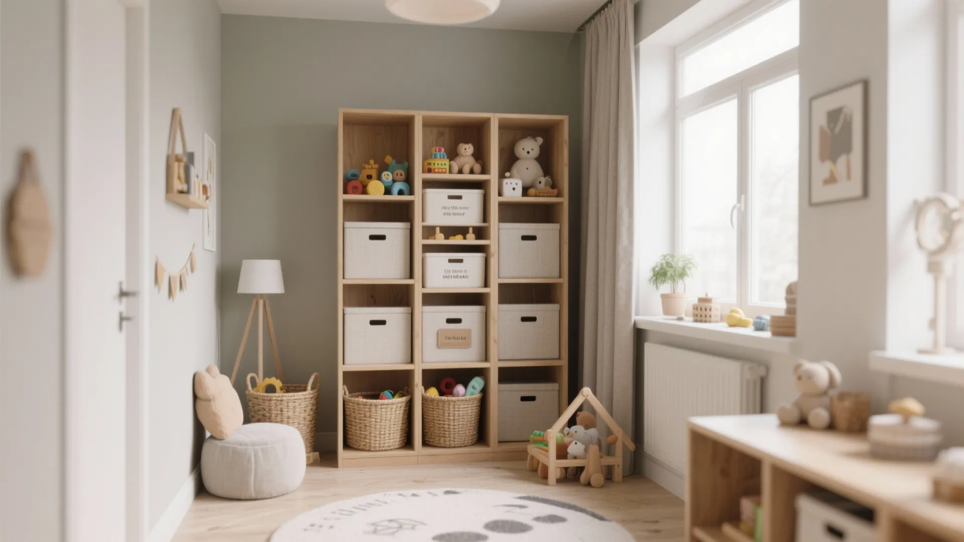 Tall shelving unit storing children's toys