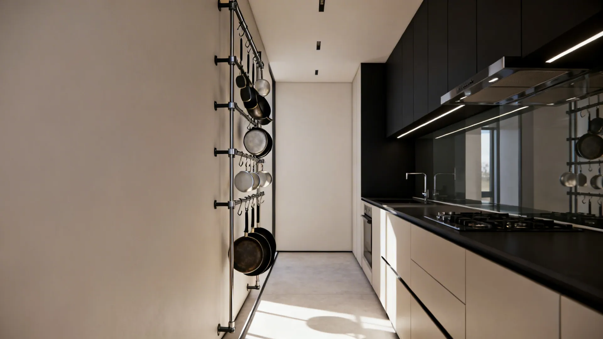 Vertical track system on a tall kitchen wall organizing pans with clear walkway space.