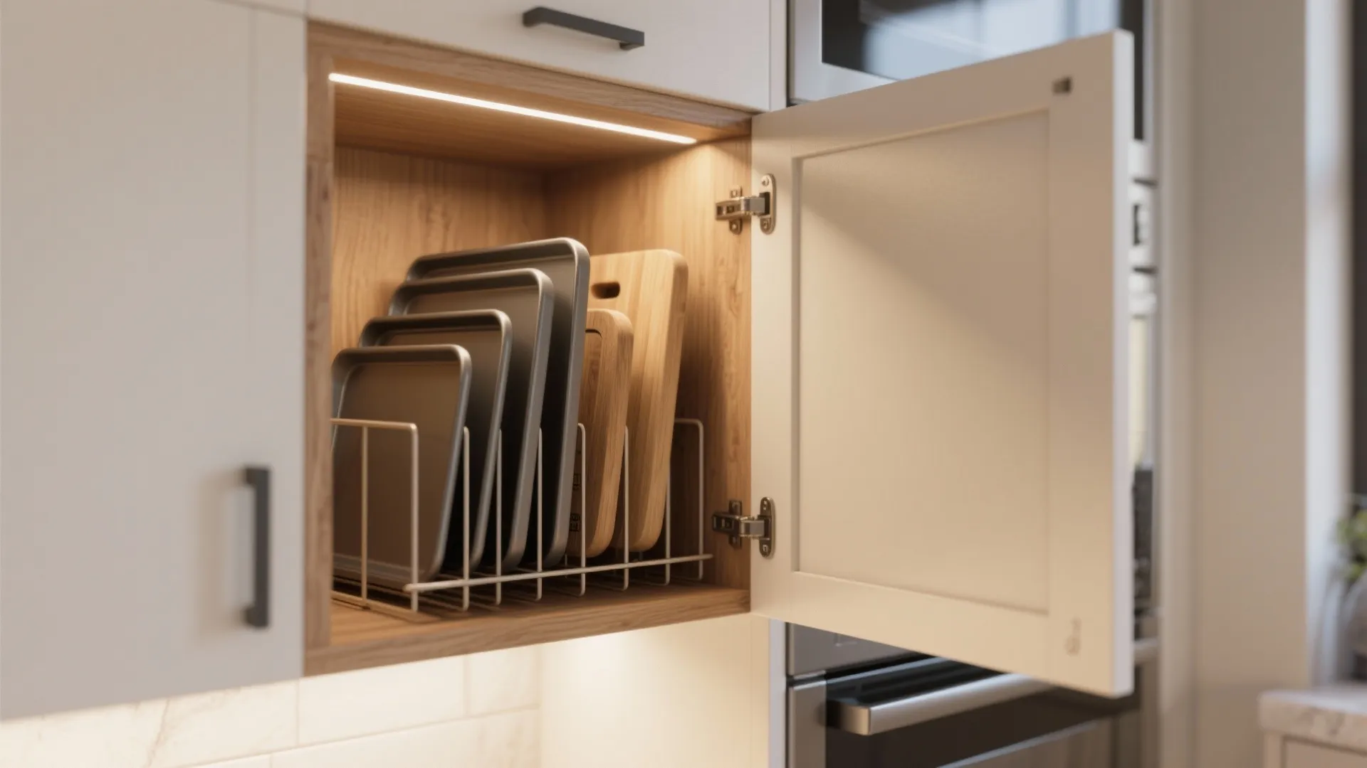 Open kitchen cabinet featuring vertical metal dividers for organized storage of baking trays and boards