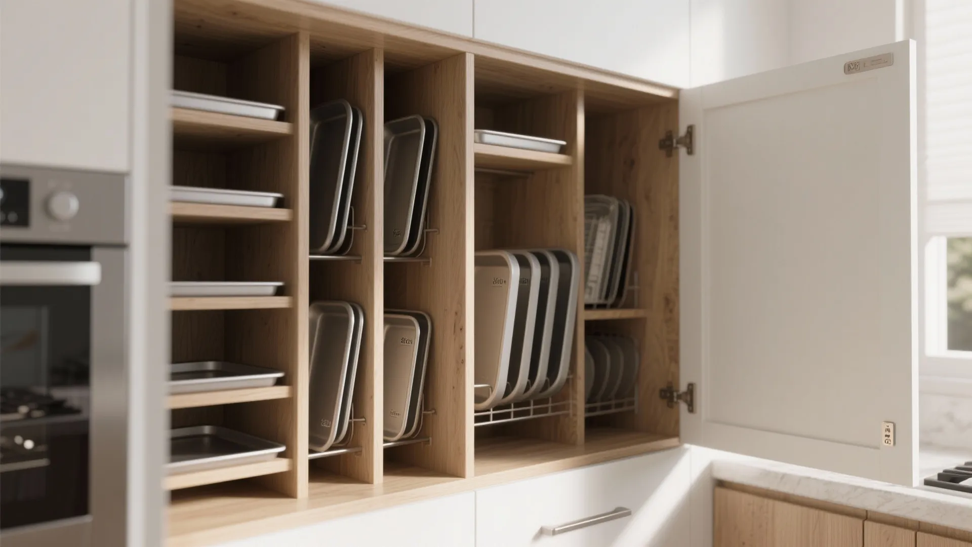 Wood kitchen cabinet with vertical dividers holding metal baking trays and an open white door