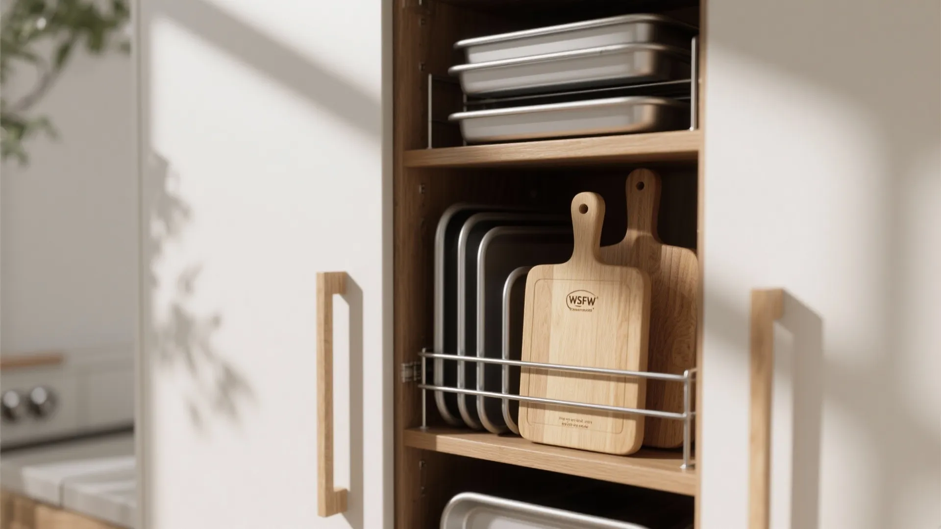9. Vertical storage for baking trays and chopping boards