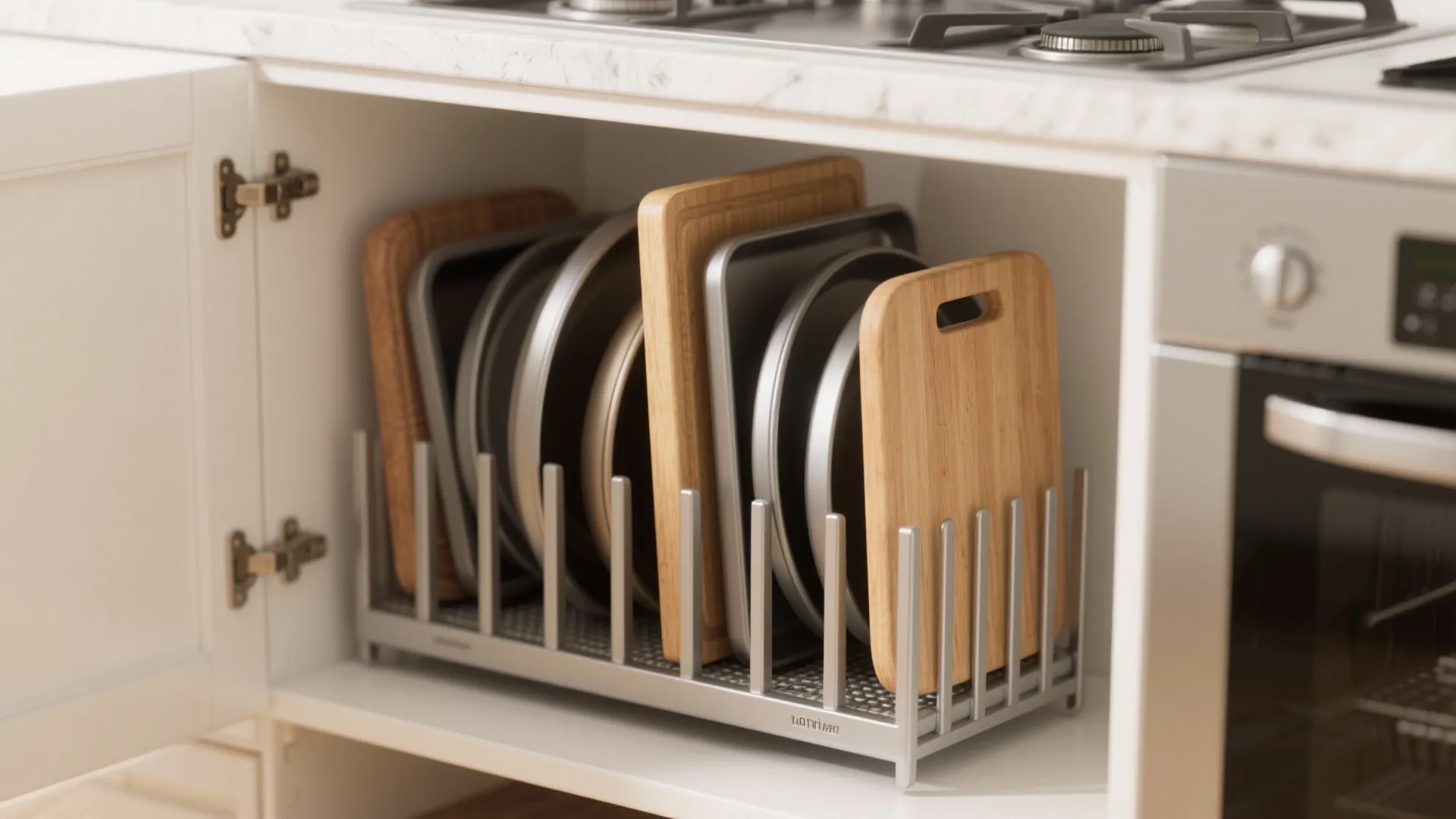 White kitchen cabinet storage with vertical metal rack holding various wooden cutting boards and baking