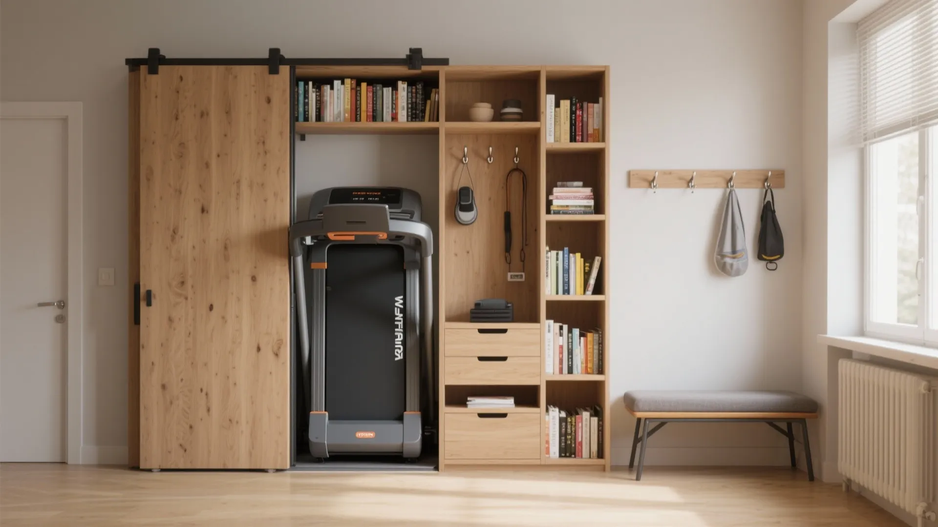 Compact treadmill concealed behind a sliding bookshelf with wall hooks and a fold-down bench visible.