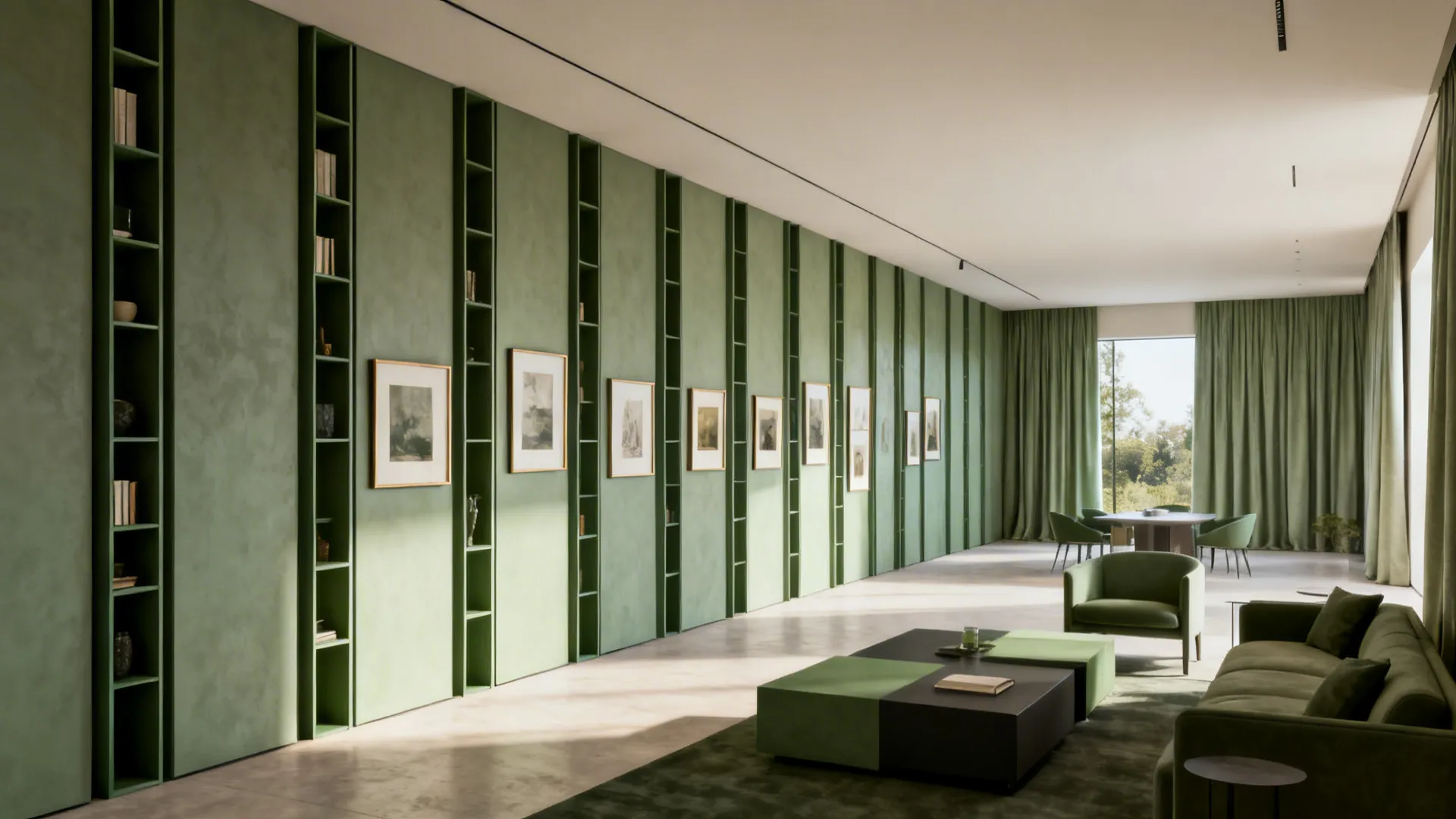 Tall shelving, vertical gallery, and floor-to-ceiling curtains broadening perception in a narrow room.