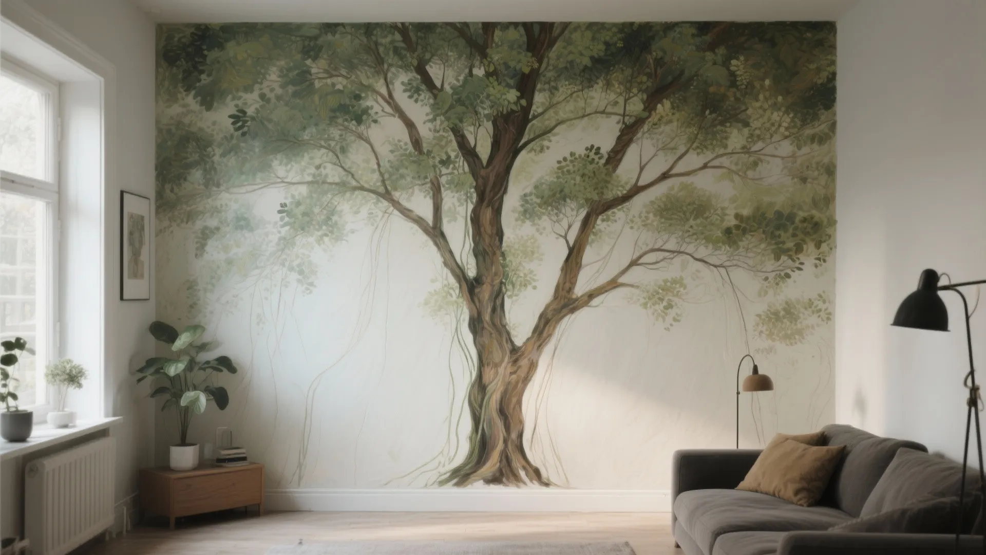 Living room featuring a large tree mural on the wall with grey sofa and floor lamp