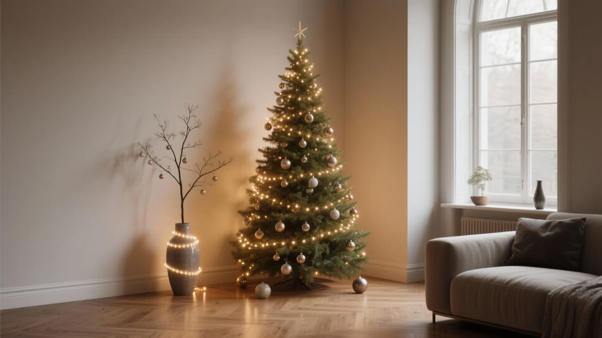 Lit Christmas tree in a living room corner near a sofa and a large vase