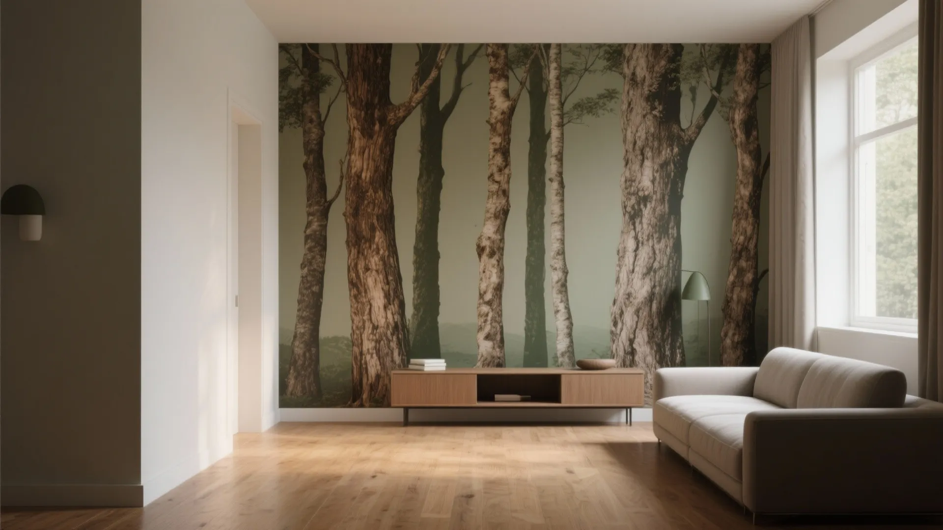 Modern living room with forest wallpaper wooden cabinet white sofa bright window and light floor