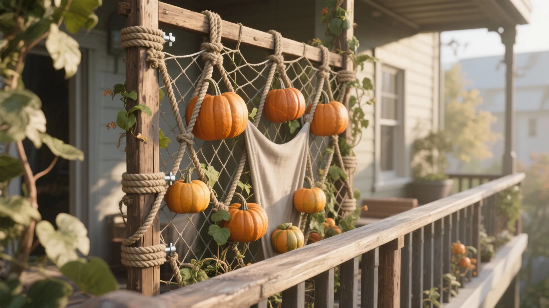Vertical garden trellis on a wooden balcony railing holding several orange pumpkins with rope netting