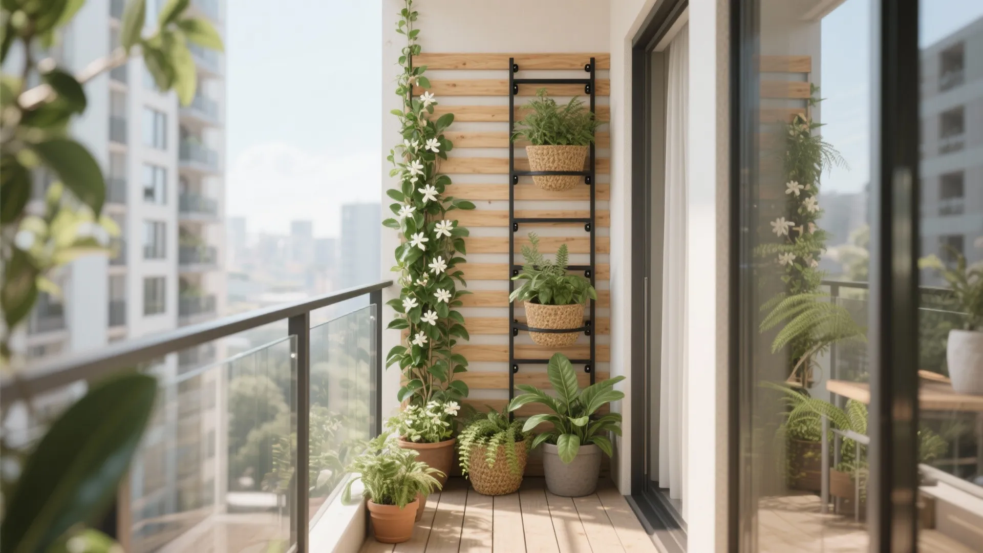 Vertical greenery with a slim trellis and wall planters