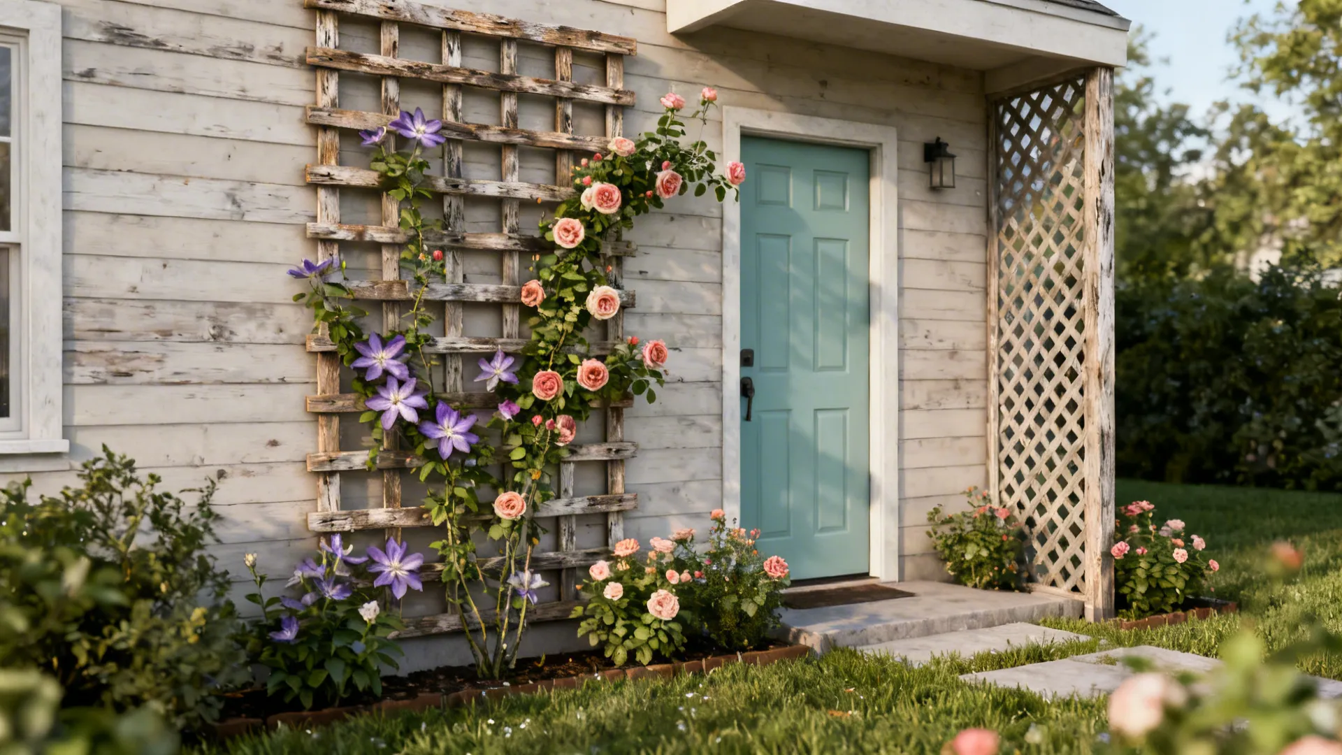Reclaimed wood trellis with climbing plants adding height and privacy to a small front yard.