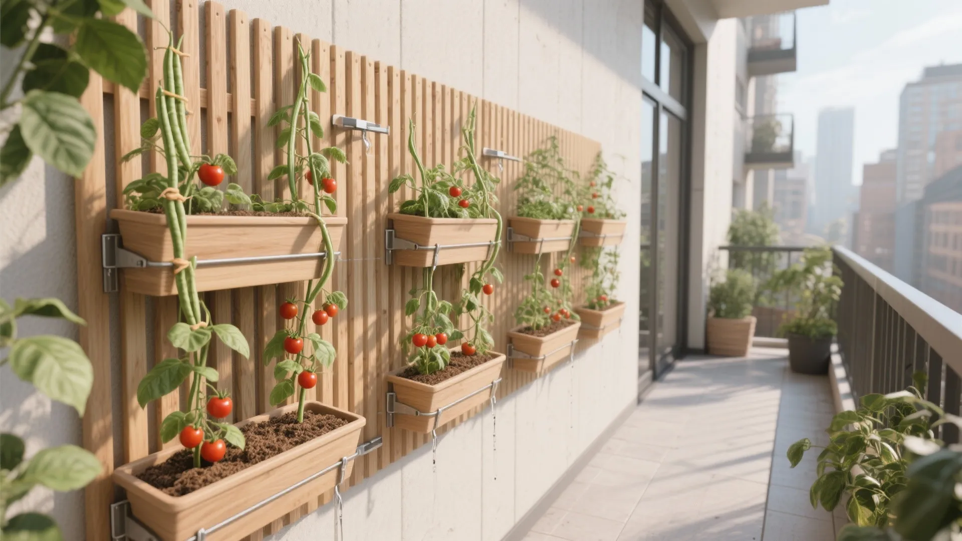 Slim cedar trellis with shallow planters and climbing tomatoes on a narrow balcony.