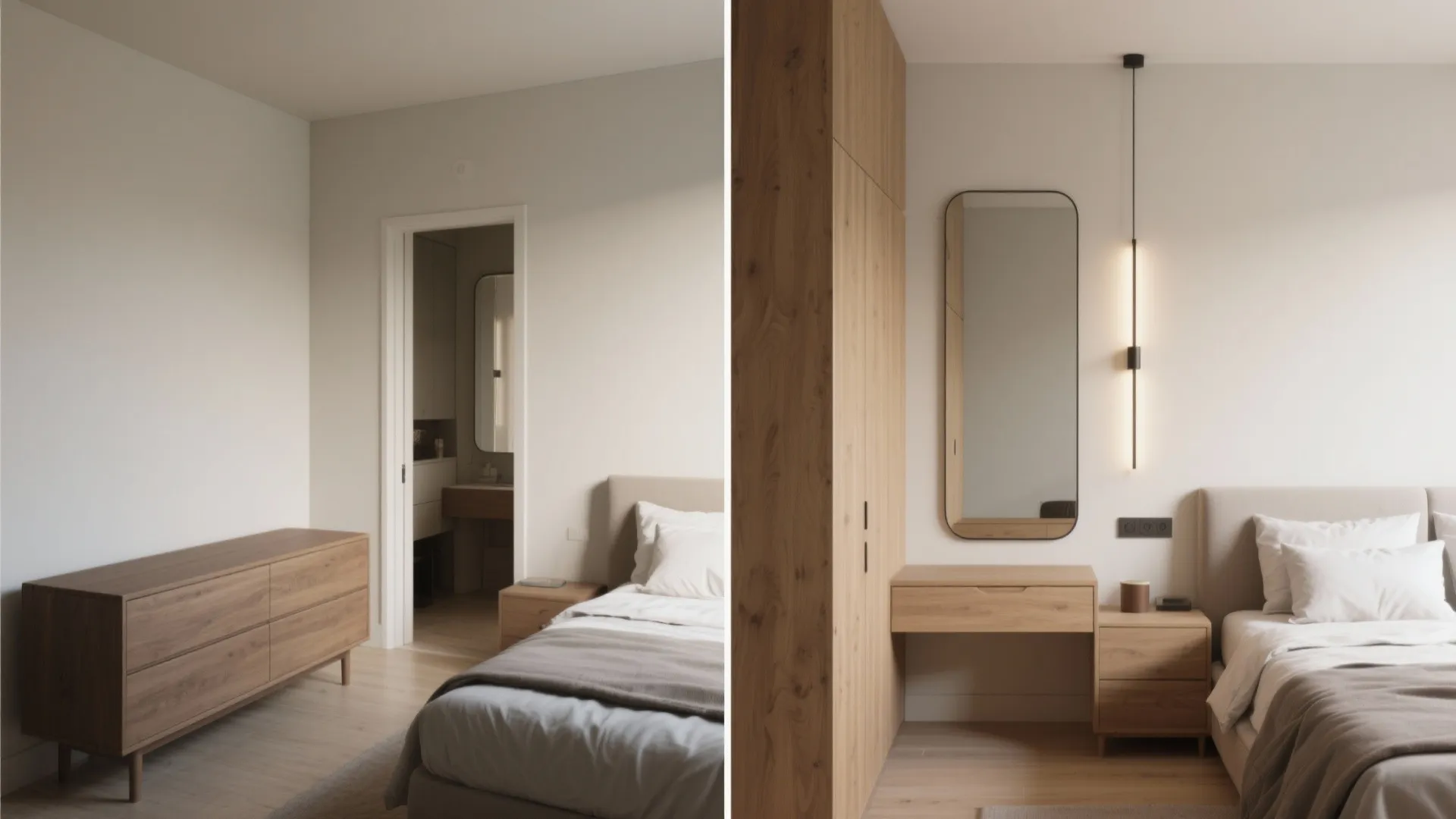 Comparison of bedroom with low cabinet versus tall wooden wardrobe and long wall light fixture