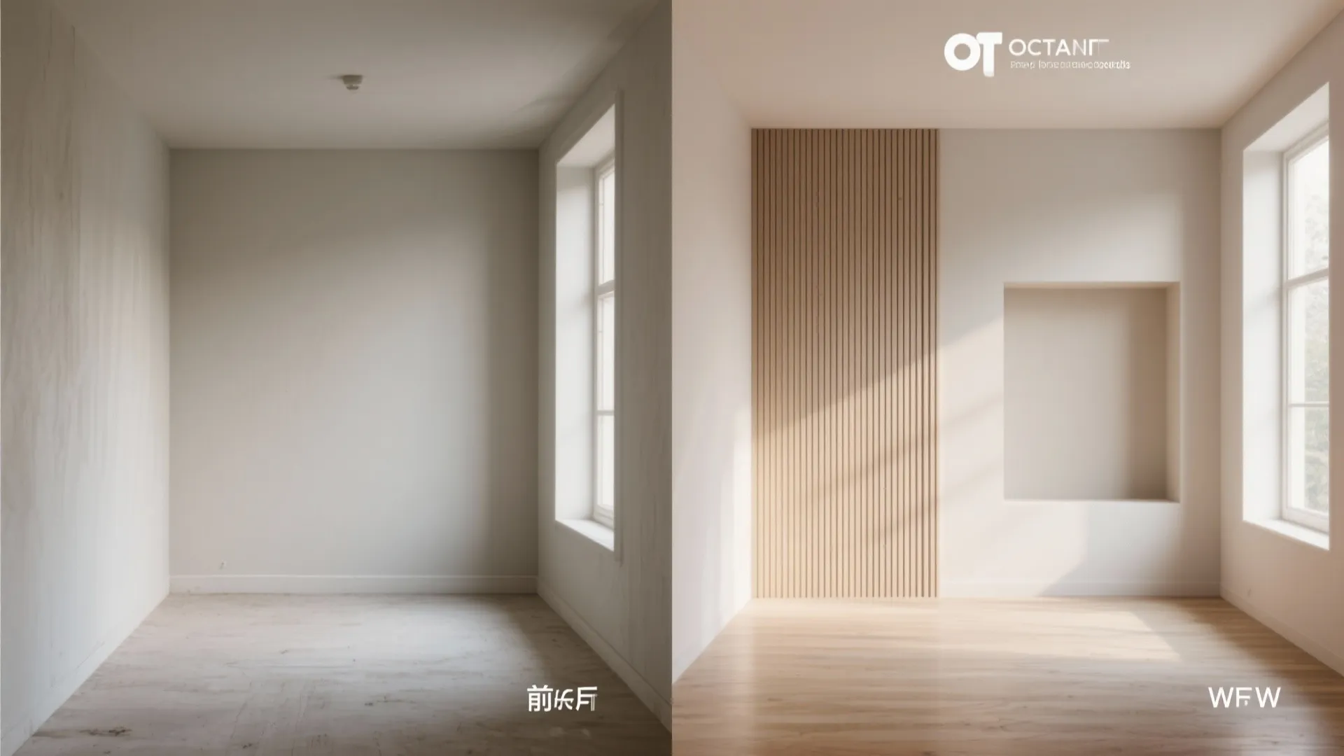 Before and after comparison of an empty room showing the addition of wood wall panels