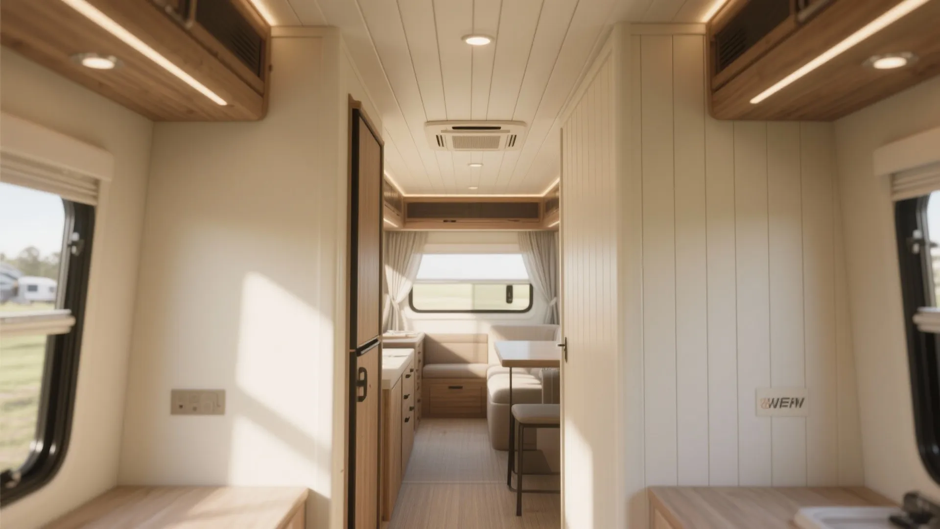 Bright camper interior with white wall panels wood cabinets ceiling light windows and small dining area