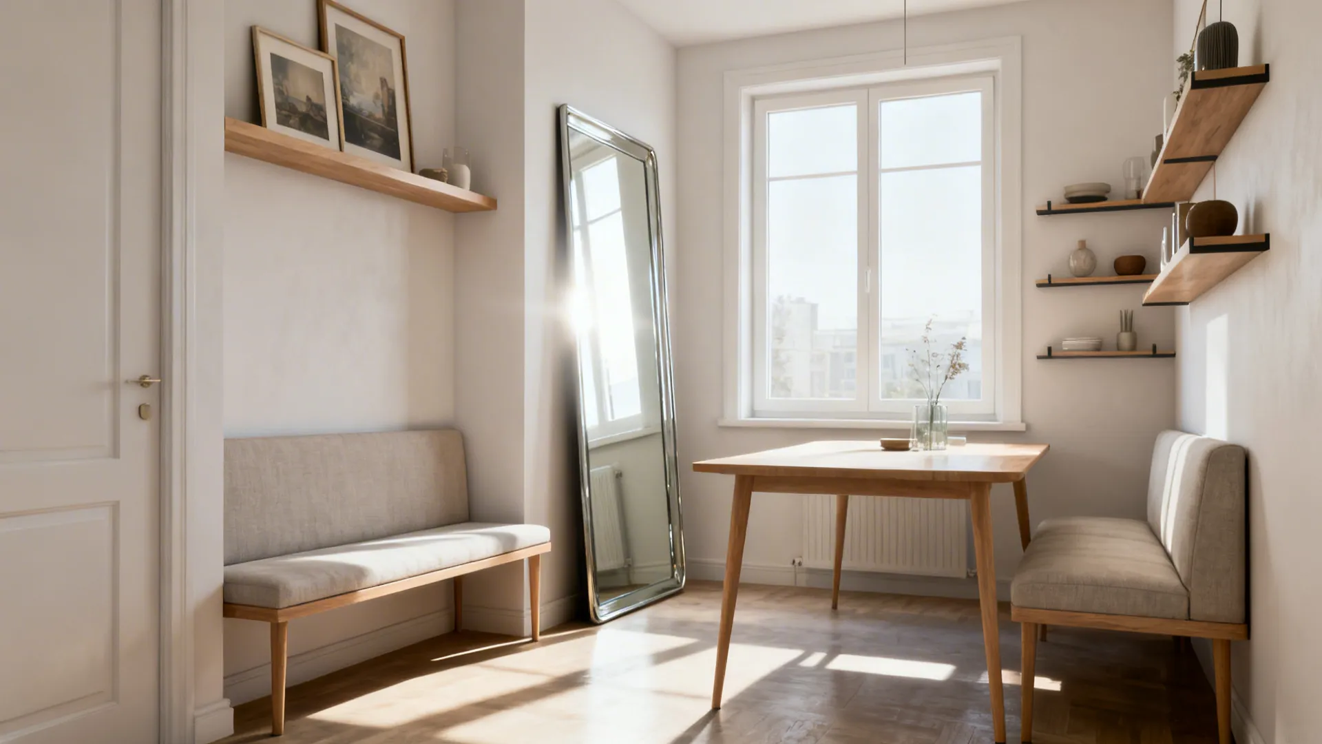 Small living–dining room with a picture ledge, a tall mirror reflecting light, and slim raised-leg furniture.