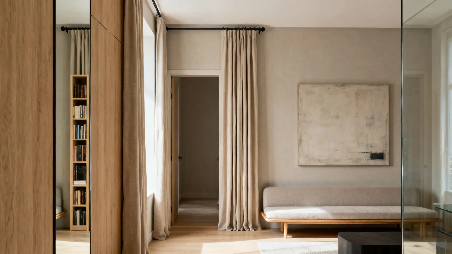 High-mounted curtains, a tall slim bookcase, and one large artwork make a small living room feel taller.