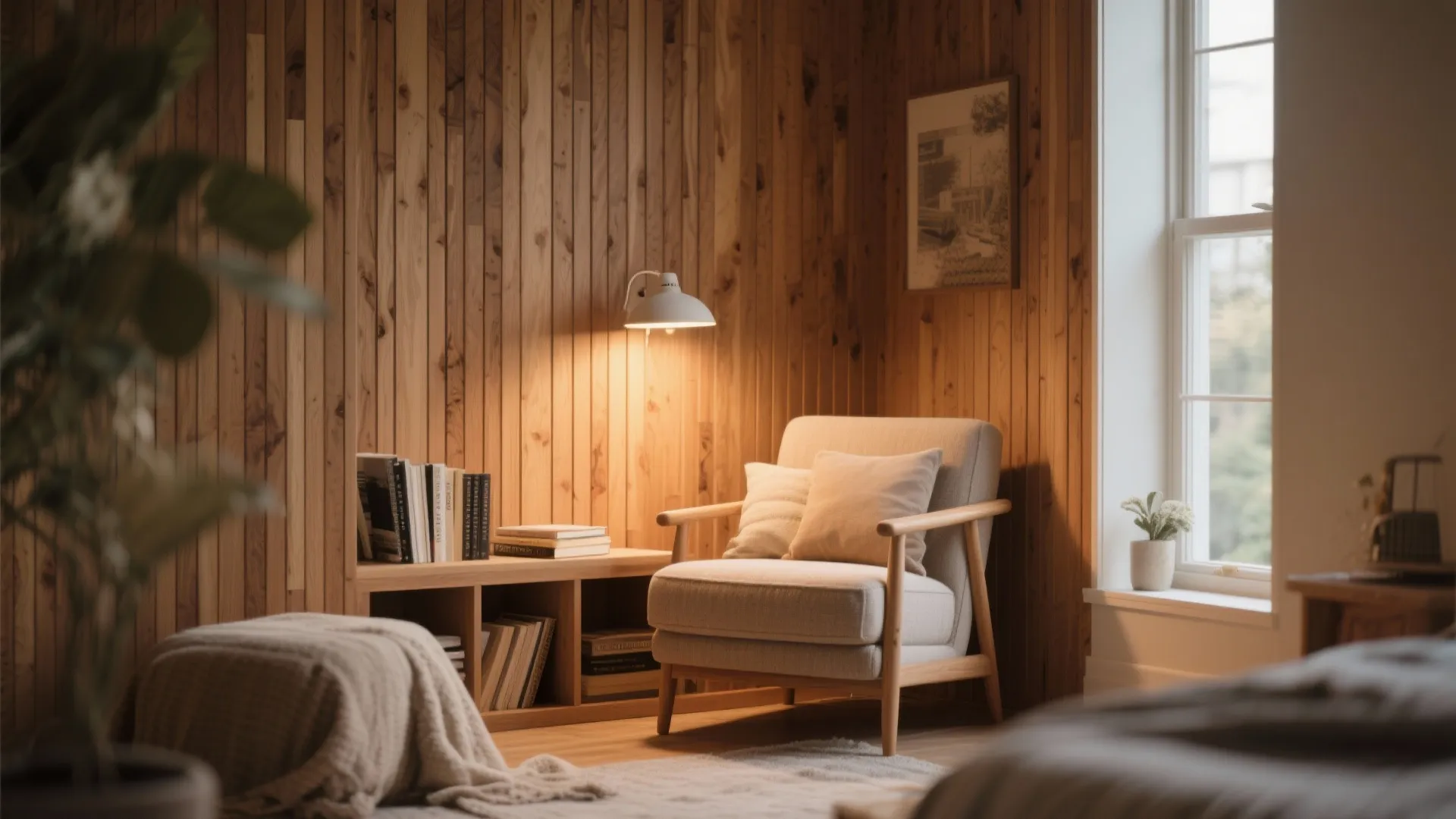 Cozy reading corner with wooden wall panels fabric chair wall light bookshelf and a large window