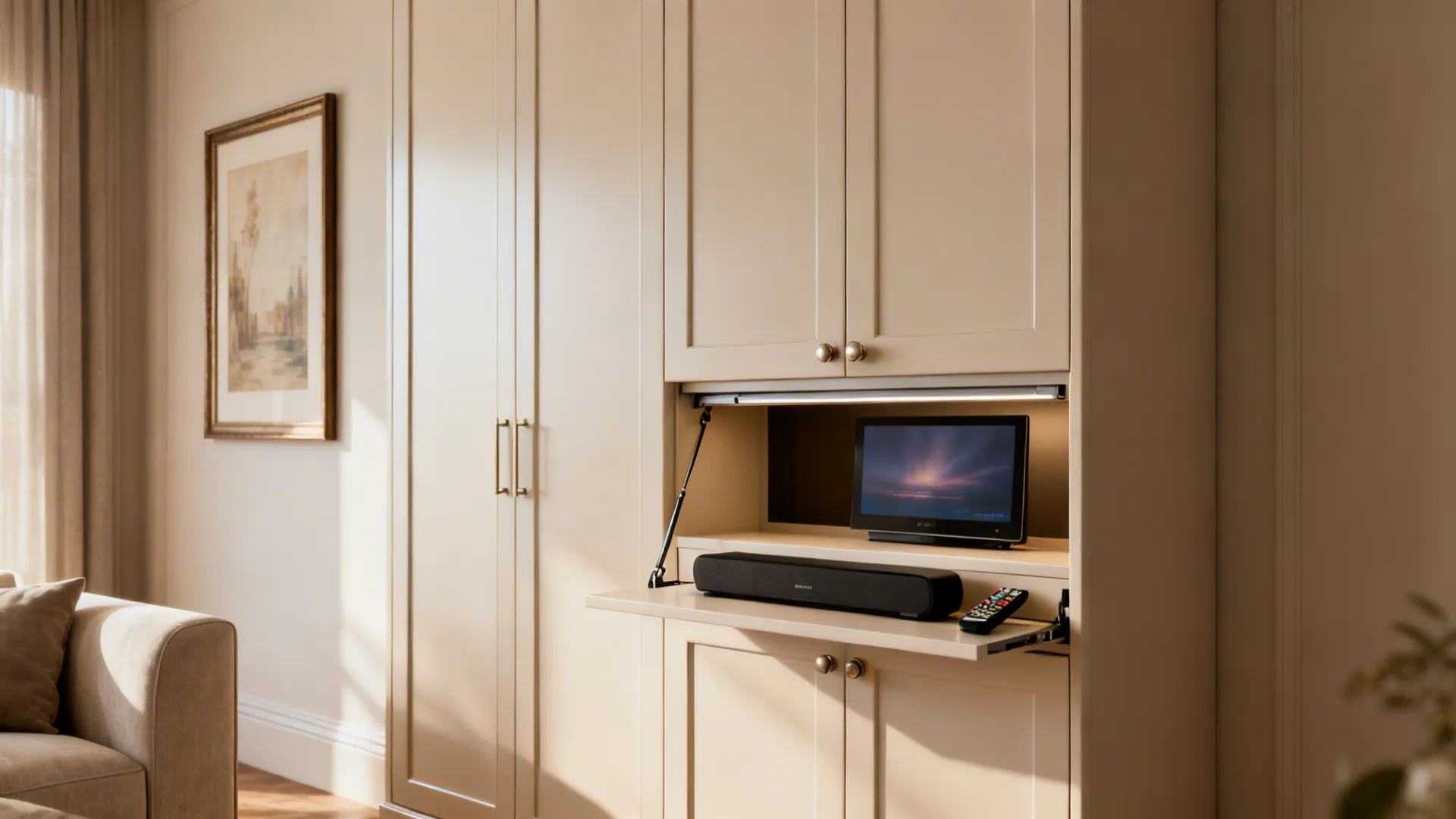 Tall vertical cabinet hiding a pull-down TV mount and storage for soundbar and remotes.