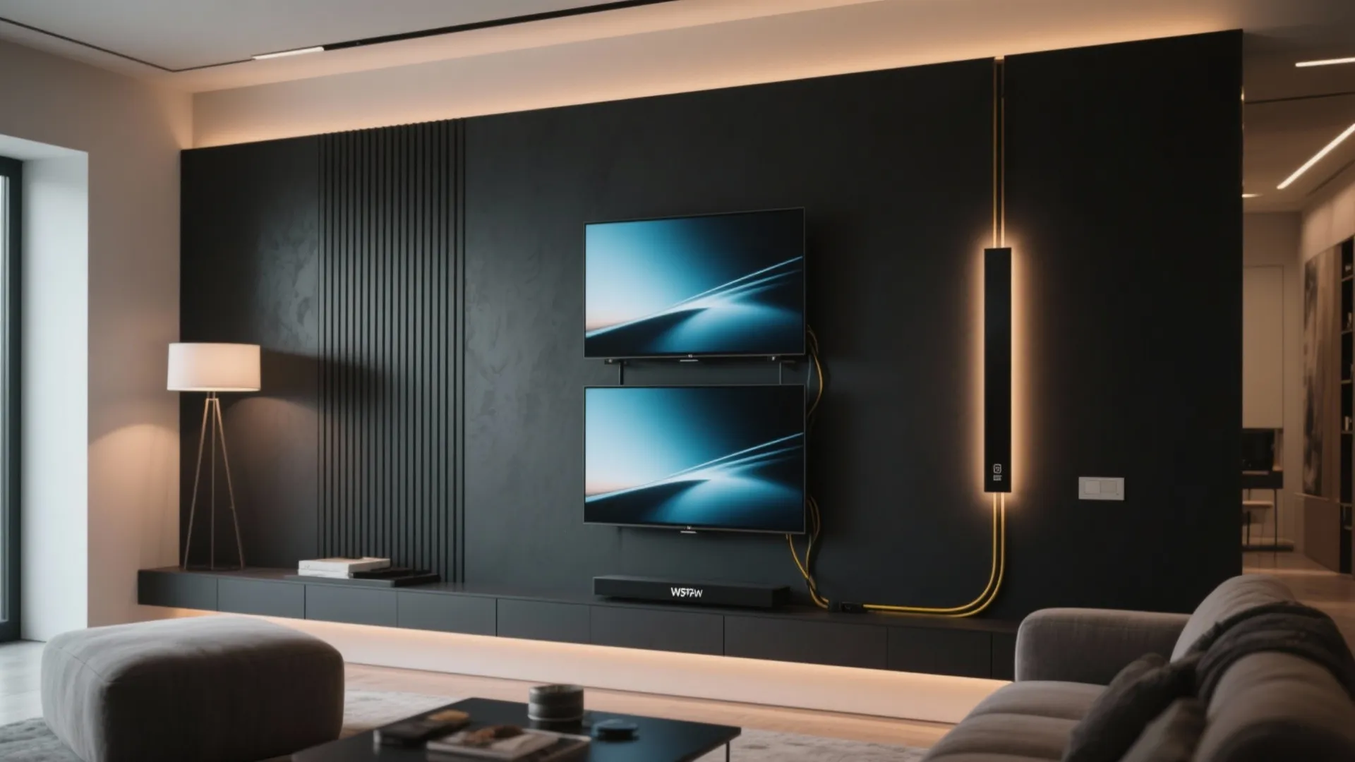 Vertically stacked TVs in a contemporary living space