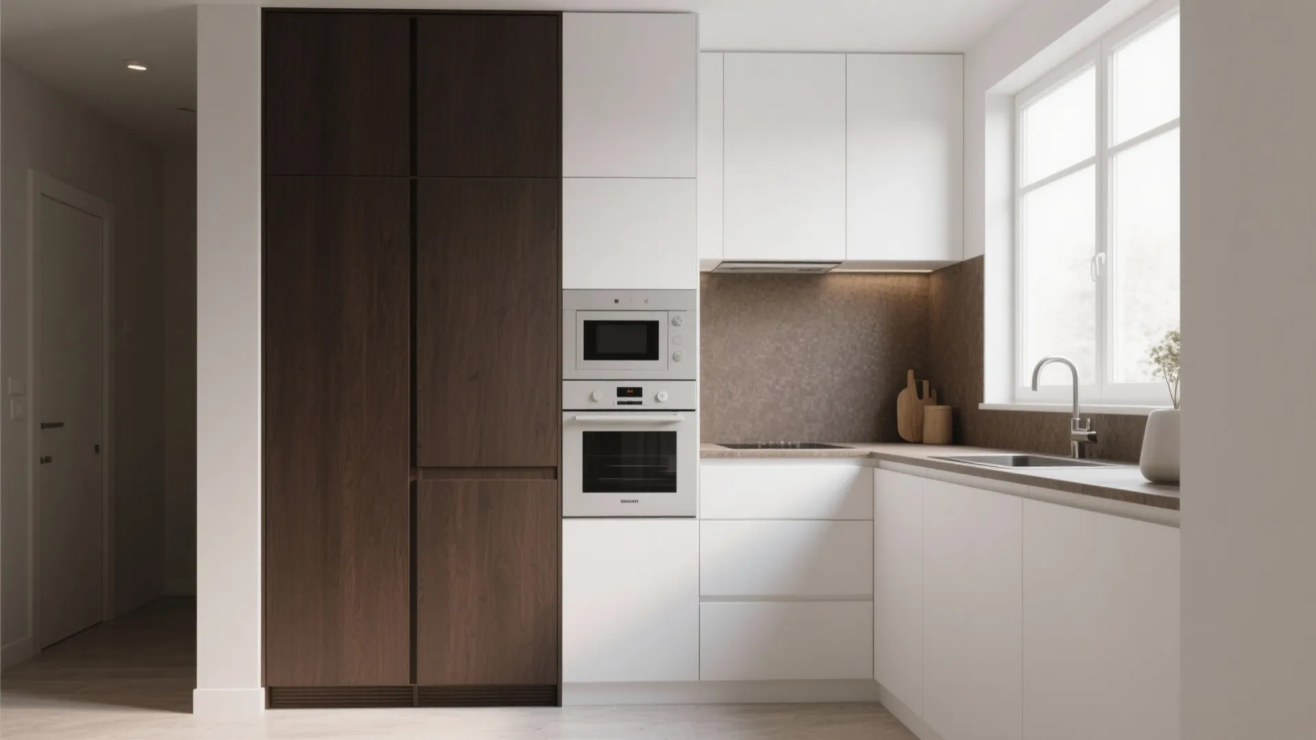 3. Two-tone cabinets with vertical division — modern rhythm