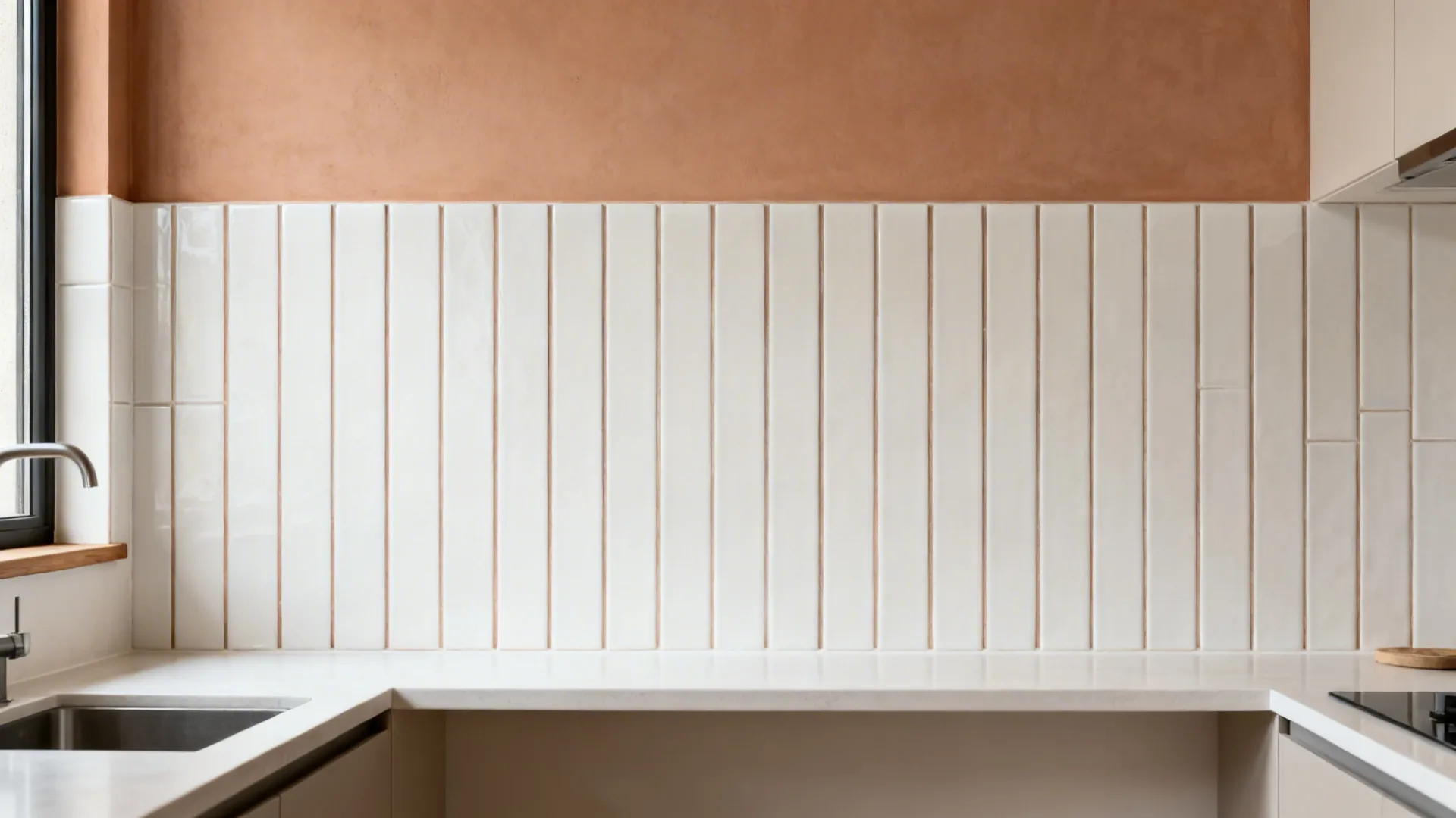 Kitchen wall with vertical white tiles orange painted wall white countertop sink and a window