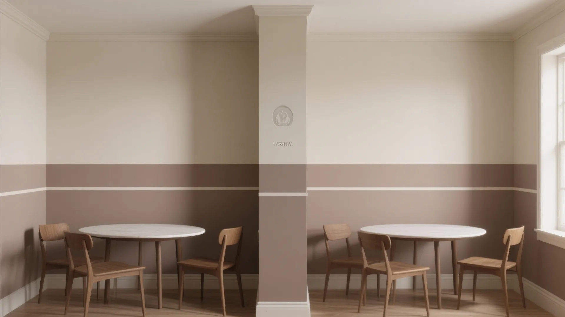 Modern dining area with two-tone wall paint round tables and wooden chairs in symmetrical room